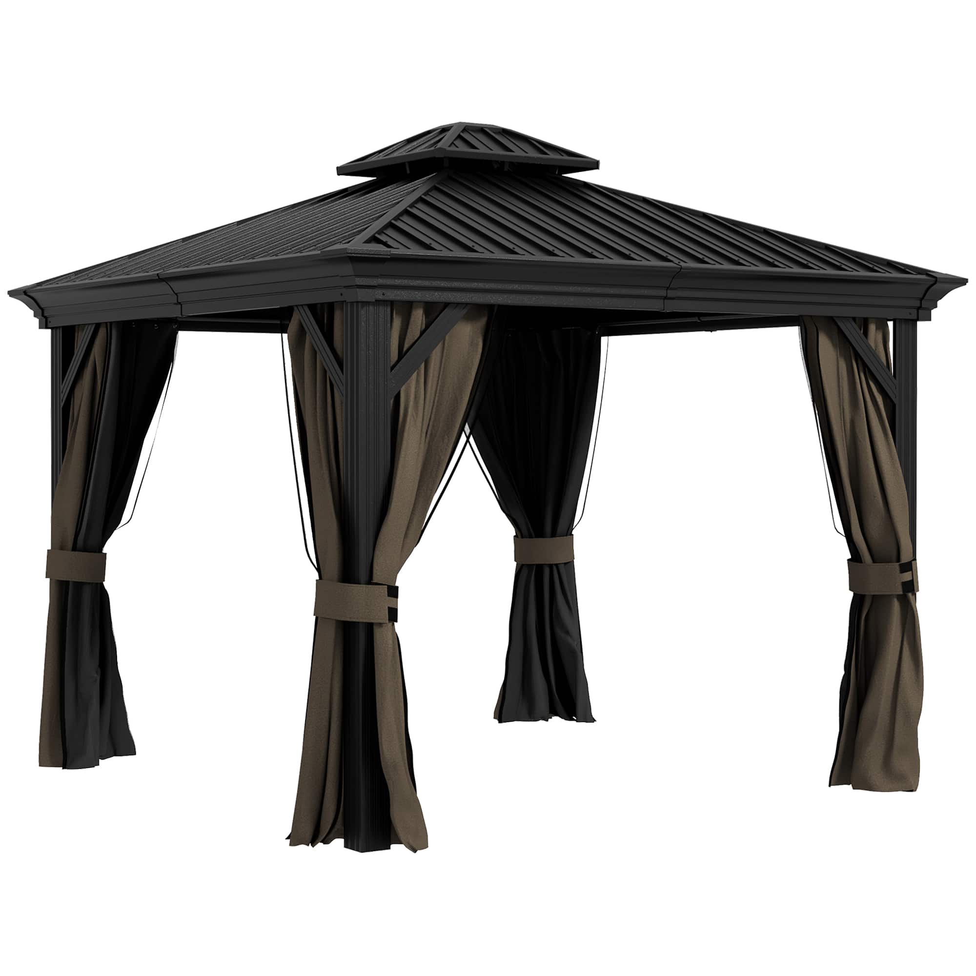 Front. Outsunny - 10' x 10' Hardtop Gazebo with Curtains and Netting, Permanent Pavilion Metal Double Roof Gazebo Canopy - Dark Brown.
