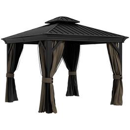 Outsunny - 10' x 10' Hardtop Gazebo with Curtains and Netting, Permanent Pavilion Metal Double Roof Gazebo Canopy - Dark Brown