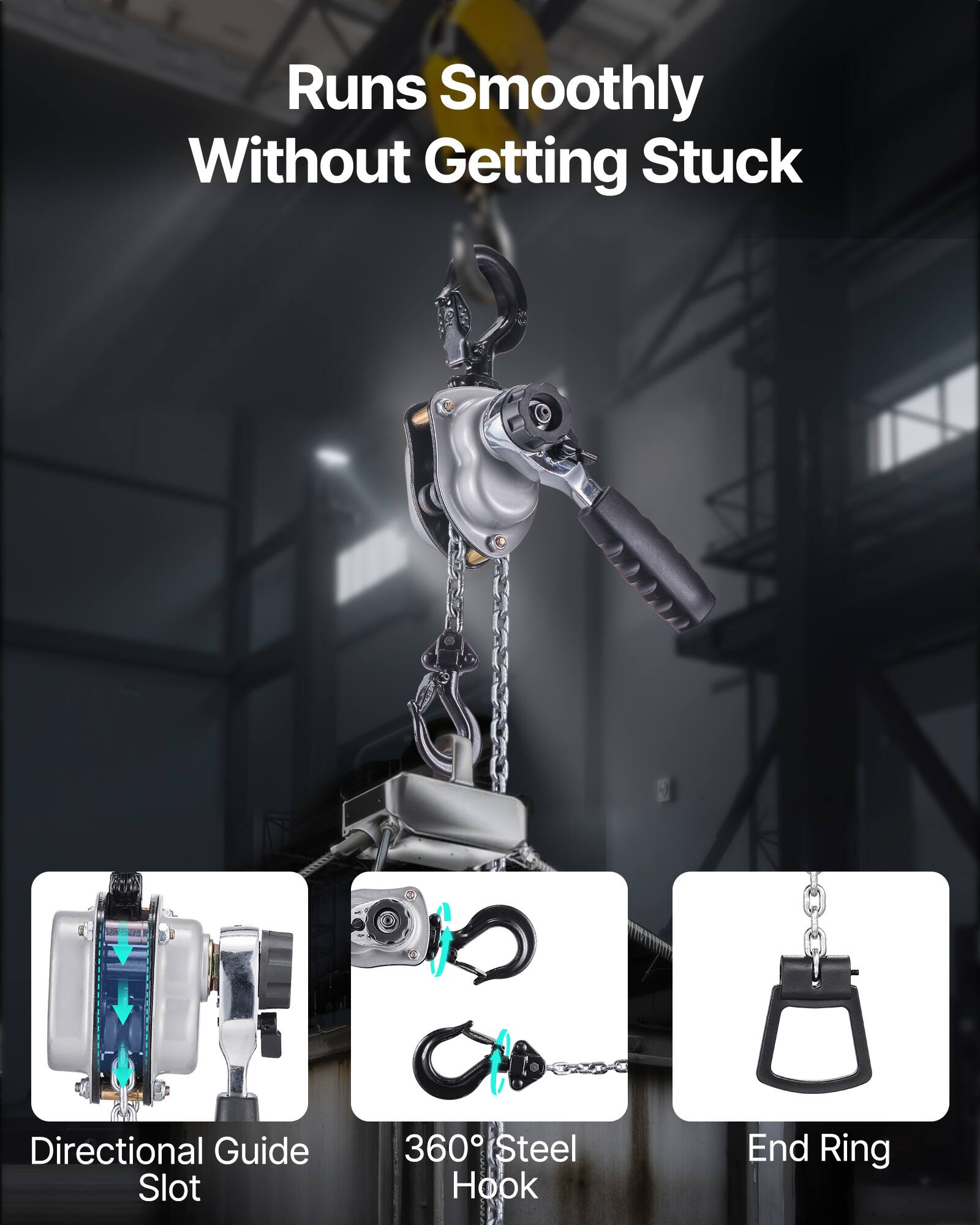 Runs Smoothly Without Getting Stuck

- Directional Guide Slot
- 360° Steel Hook
- End Ring