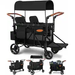 Wisairt - 2-Seater Wagon Stroller for Kids, 5-Mode Stroller Wagon with Canopy, 5-Point Harness, Push & Pull Handles - Black