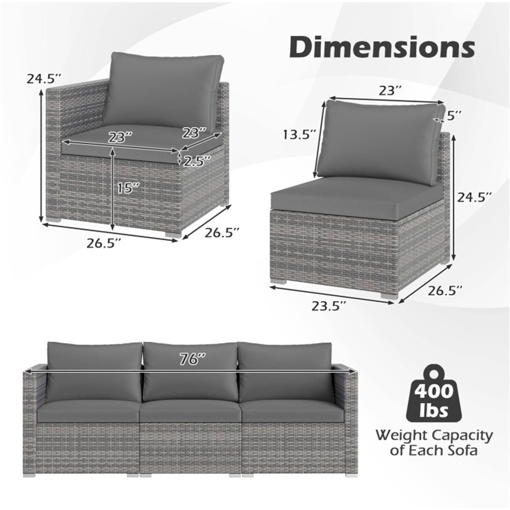 Dimensions:
- 24.5" (Height)
- 23" (Width)
- 26.5" (Depth)
- 15" (Seat Height)
- 2.5" (Armrest Height)
- 13.5" (Back Height)
- 23.5" (Seat Depth)

Weight Capacity of Each Sofa: 400 lbs