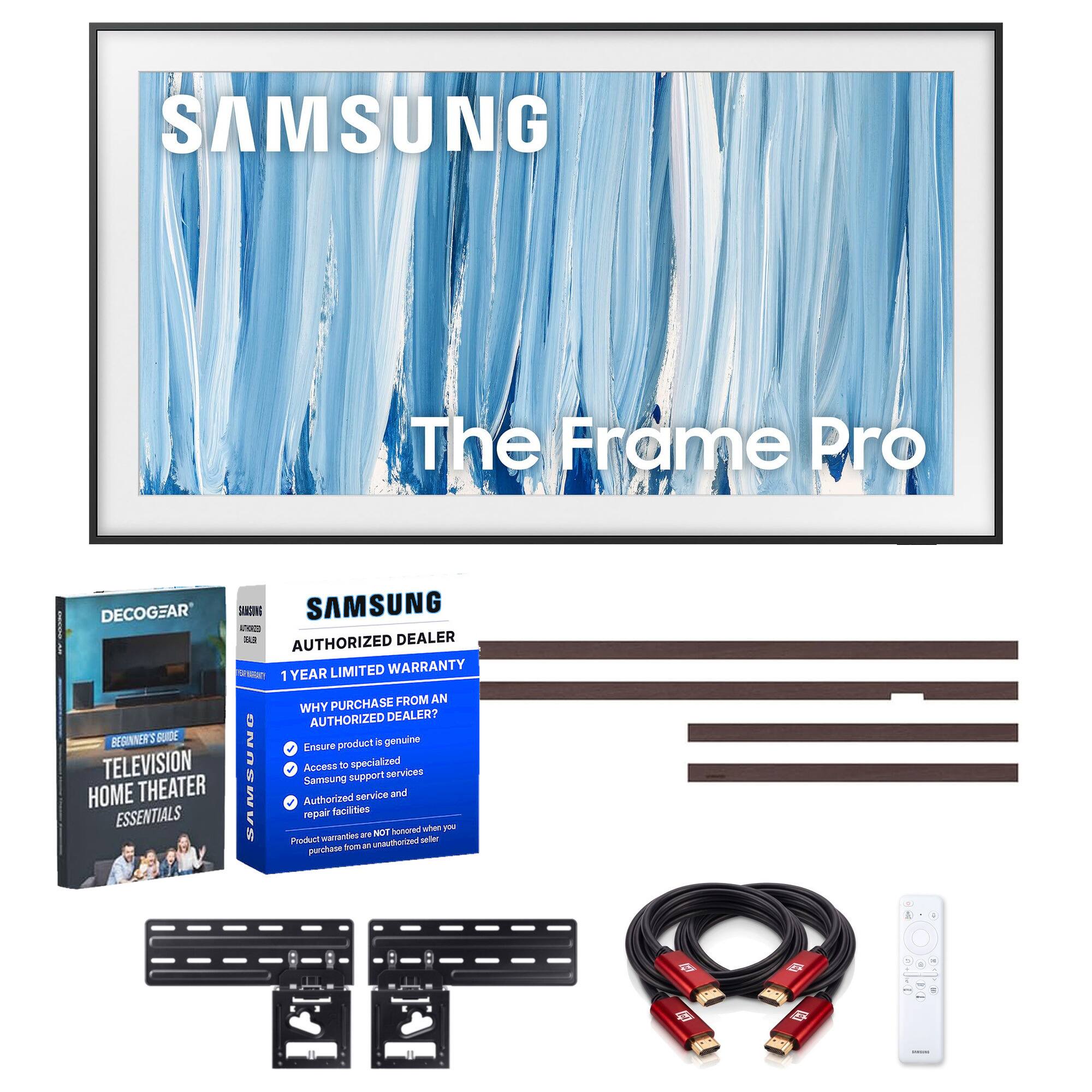 SAMSUNG  
The Frame Pro  

DECOGEAR SAMSUNG  
SAMSUNG 333 AUTHORIZED DEALER  
1 YEAR LIMITED WARRANTY  

WHY PURCHASE FROM AN AUTHORIZED DEALER?  
BEGINNER'S GUIDE  
Ensure product is genuine  
Access to specialized Samsung support services  
Authorized service and repair facilities  
Product warranties are NOT honored when you purchase from an unauthorized seller