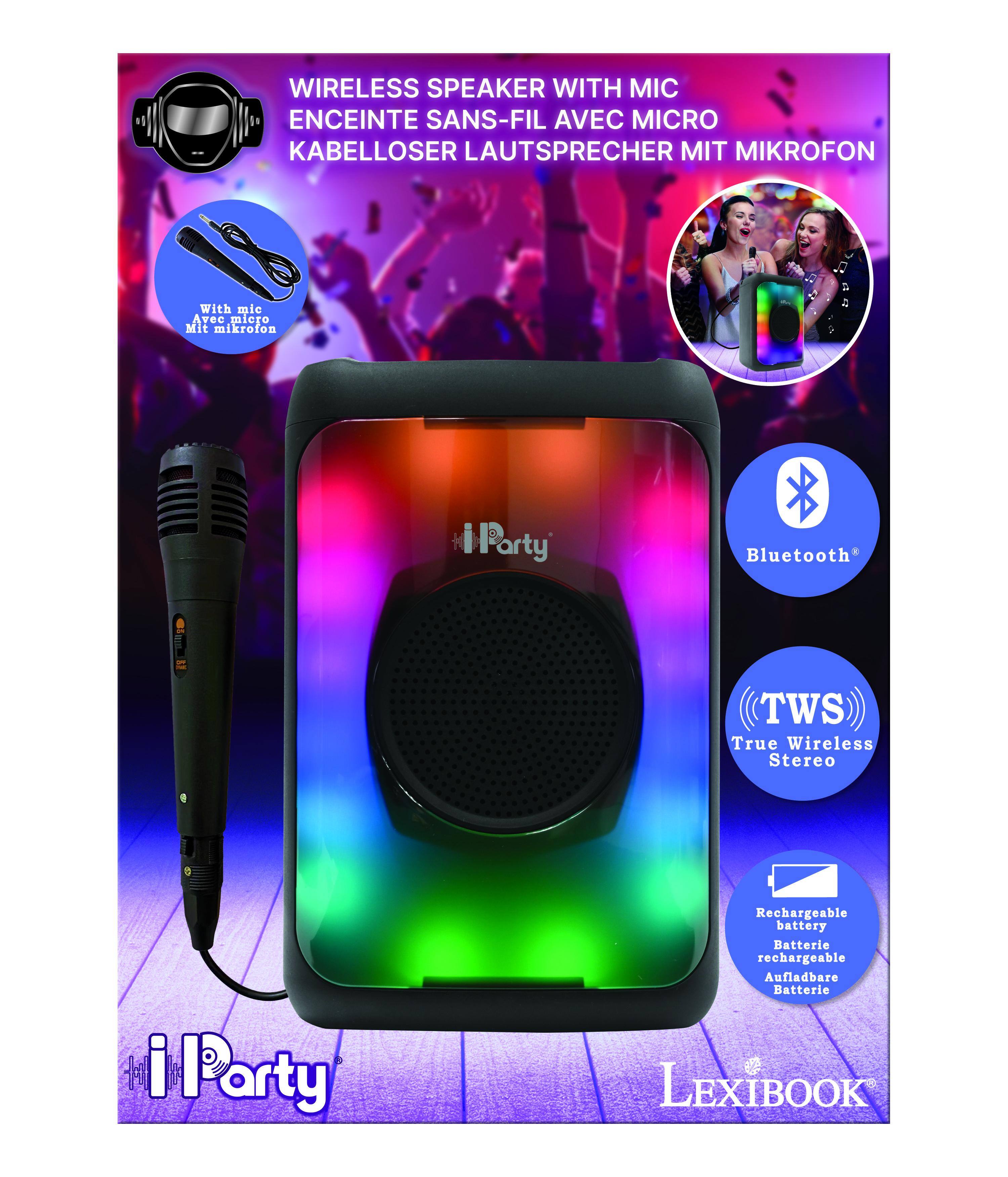 WIRELESS SPEAKER WITH MIC  
ENCEINTE SANS-FIL AVEC MICRO  
KABELLOSER LAUTSPRECHER MIT MIKROFON  

With mic  
Avec miero  
Mit mikrofon  

Party Bluetooth TWS True Wireless Stereo  

i Party Rechargeable battery  
Batterie rechargeable  
Aufladbare Batterie  

LEXIBOOK