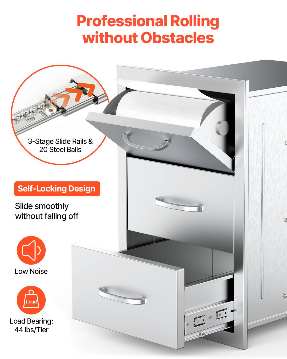 Professional Rolling without Obstacles

3-Stage Slide Rails & 20 Steel Balls

Self-Locking Design
Slide smoothly without falling off

Low Noise

Load Bearing: 44 lbs/Tier