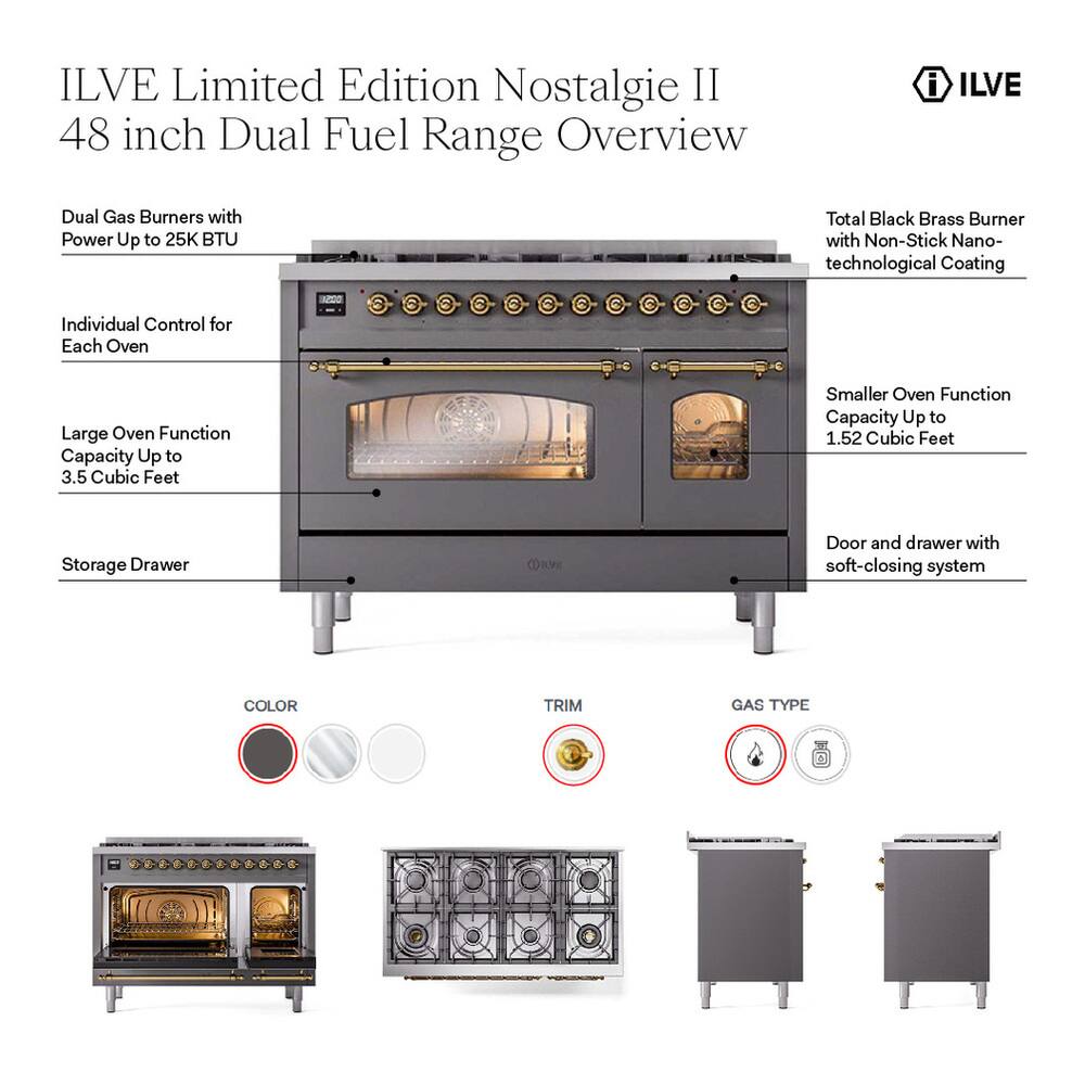 ILVE Limited Edition Nostalgia II 48 inch Dual Fuel Range Overview

- Dual Gas Burners with Power Up to 25K BTU
- Total Black Brass Burner with Non-Stick Nano-technological Coating
- Individual Control for Each Oven
- Large Oven Function Capacity Up to 3.5 Cubic Feet
- Smaller Oven Function Capacity Up to 1.52 Cubic Feet
- Storage Drawer
- Door and drawer with soft-closing system

COLOR
TRIM
GAS TYPE