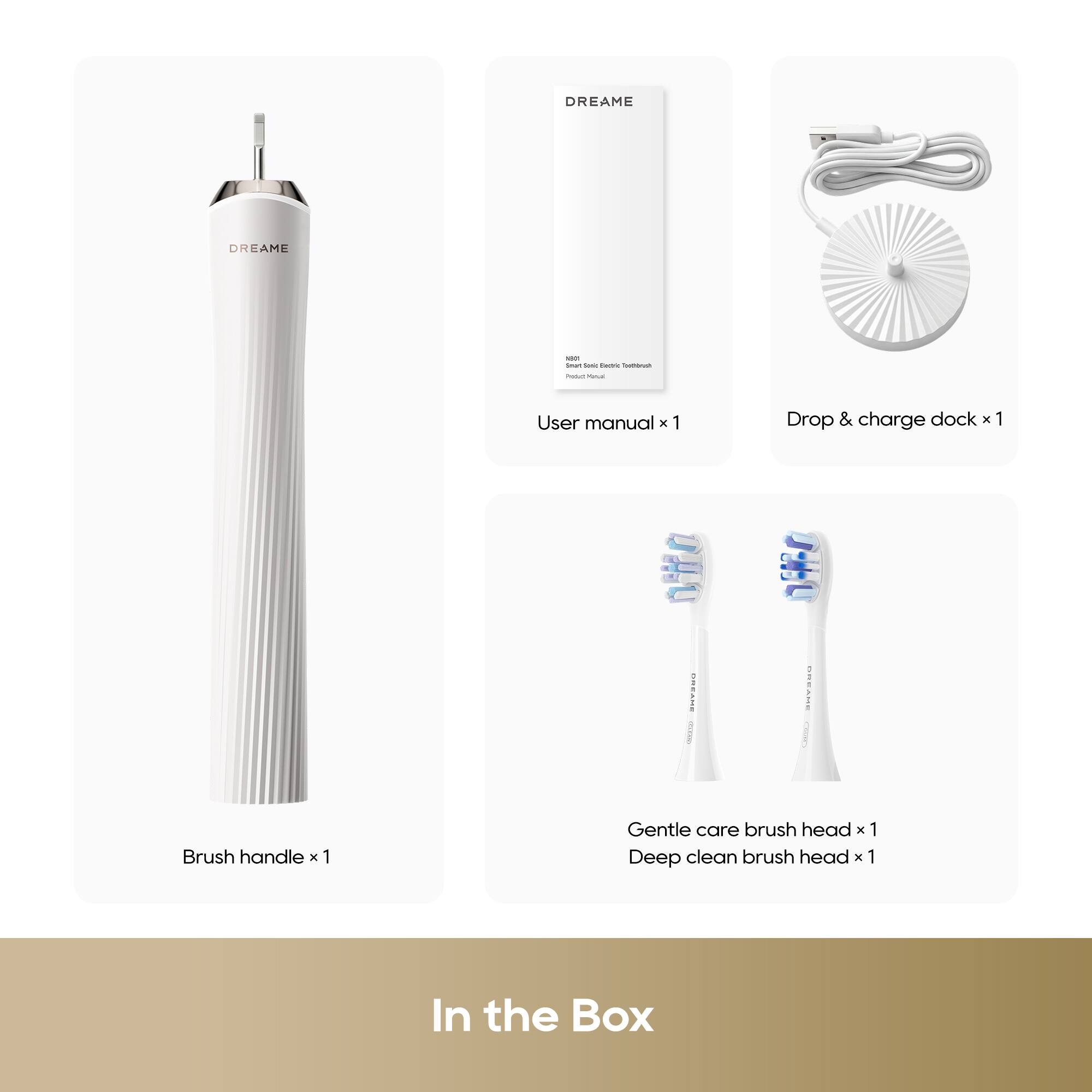 DREAME DREAME  
- User manual x 1  
- Drop & charge dock x 1  
- Brush handle x 1  
- Gentle care brush head x 1  
- Deep clean brush head x 1  

In the Box