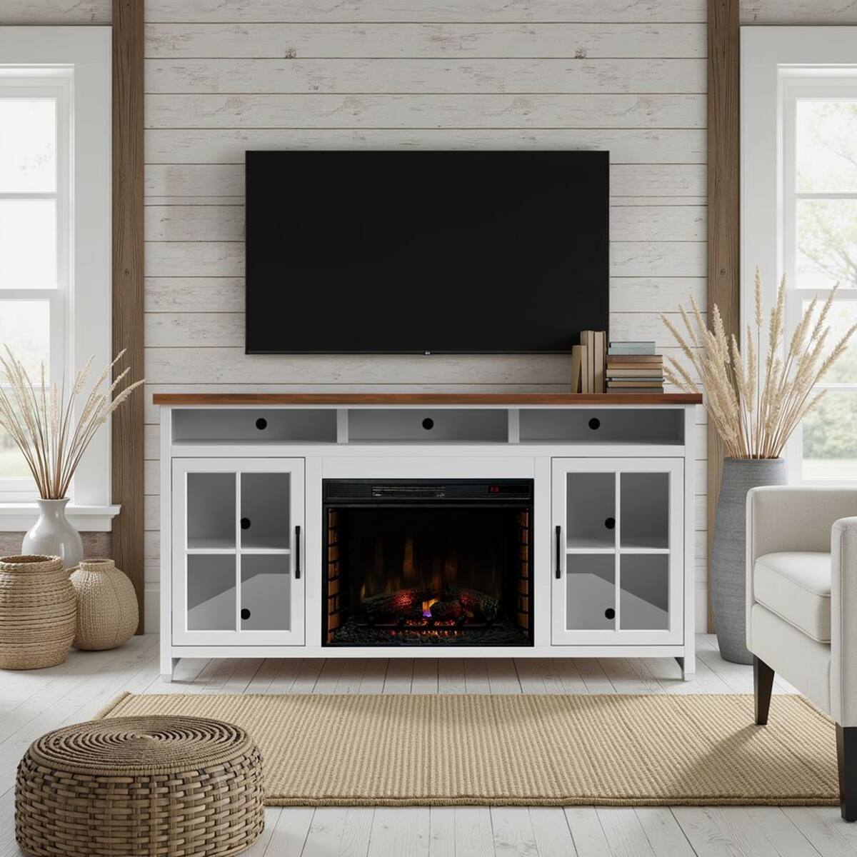 Left. Loheer - Loheer 74 inch farmhouse fireplace tv stand for 85 inch tv White - White.