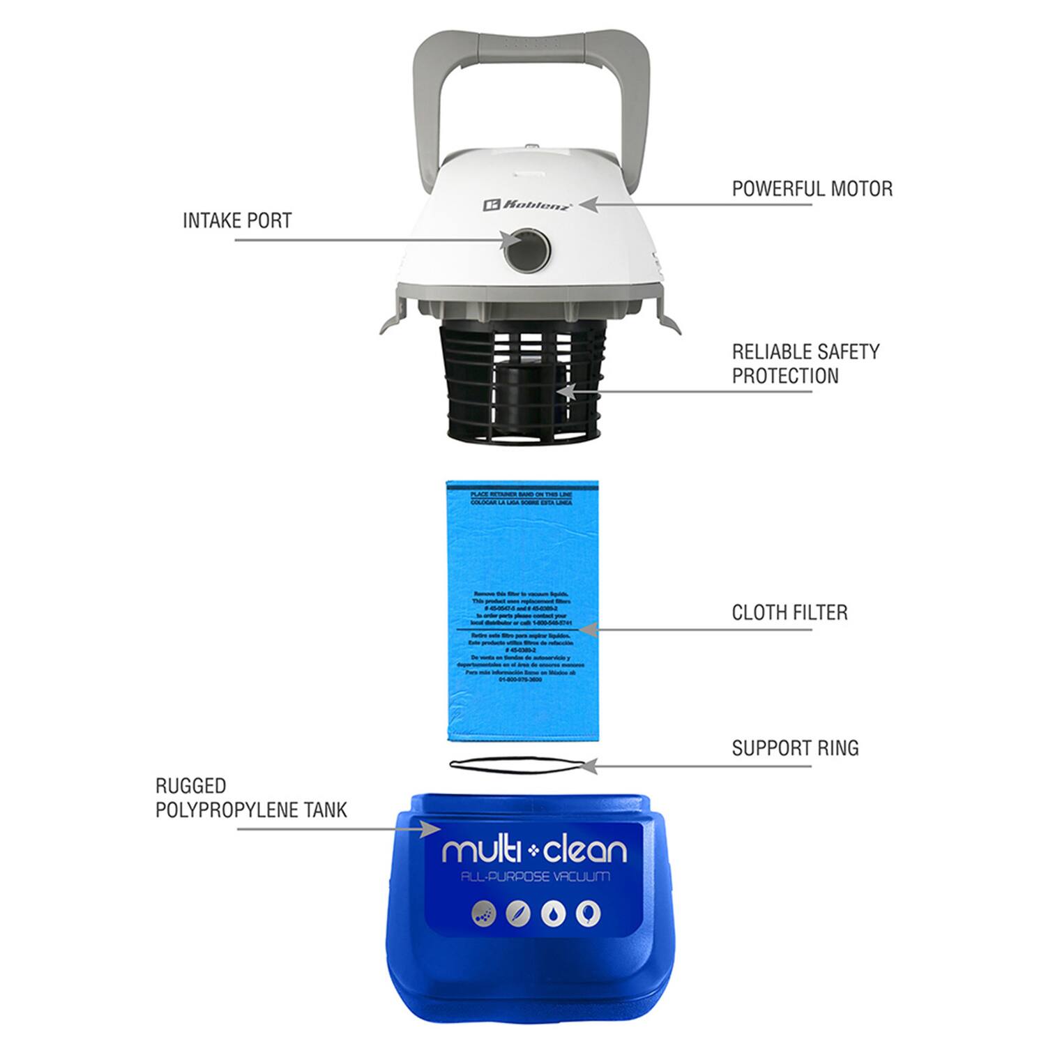 INTAKE PORT  
Hoblons  
POWERFUL MOTOR  
RELIABLE SAFETY PROTECTION  

CLOTH FILTER  

SUPPORT RING  
RUGGED POLYPROPYLENE TANK  

multi clean  
ALL-PURPOSE VACUUM
