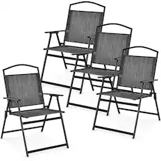 Front. Costway - Patio Folding Dining Chairs Set of 4 with Cozy Seat Fabric & Heavy-Duty Metal Frame - Grey.