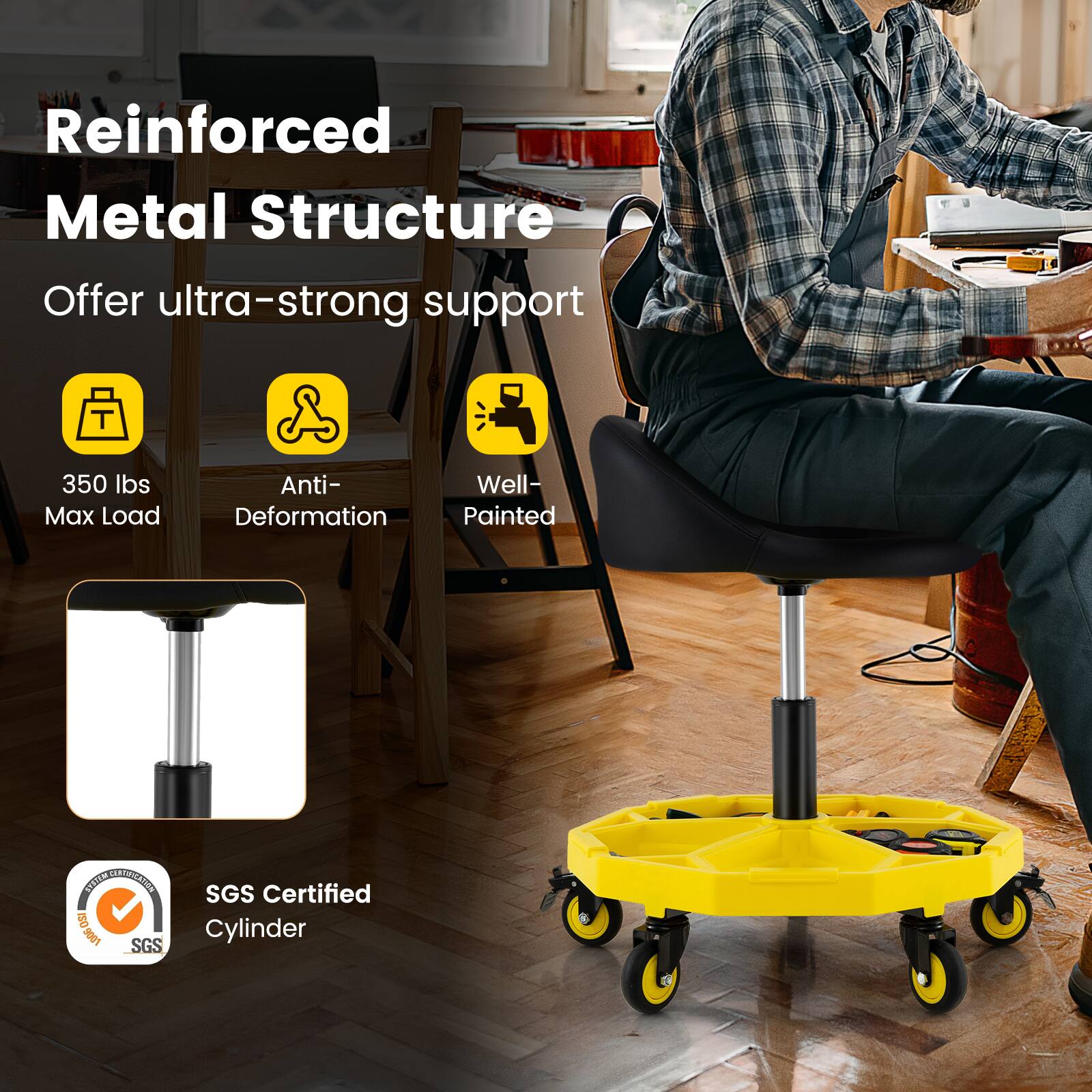 Gymax Rolling Garage Stool 20'' 25'' Height Adjustable