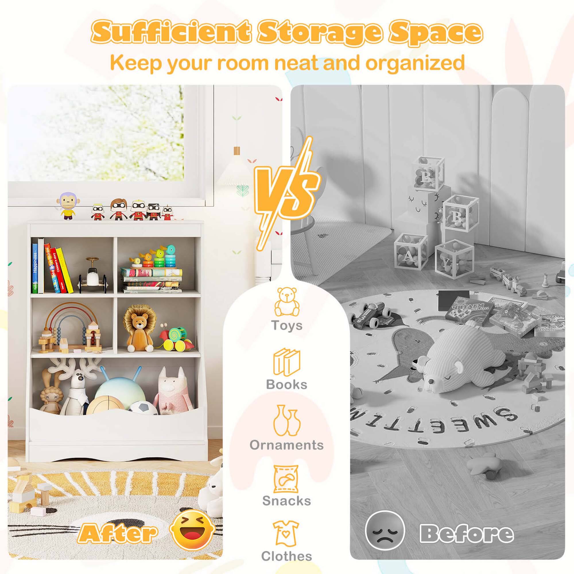Sufficient Storage Space  
Keep your room neat and organized

VS

Toys  
Books  
Ornaments  
Snacks  
Clothes

After 😊

Before 😔