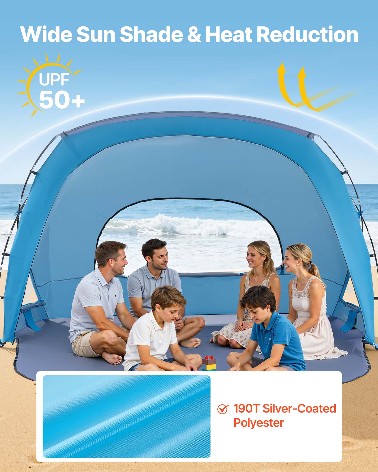 Wide Sun Shade & Heat Reduction  
UPF 50+  
190T Silver-Coated Polyester