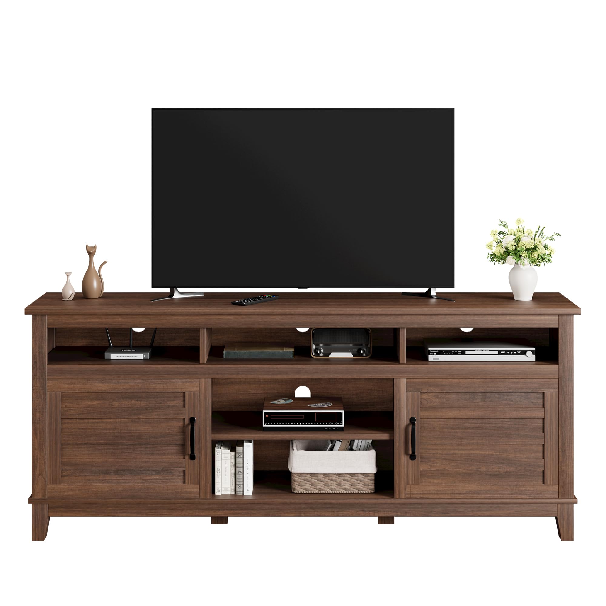 Angle. Qeetex - 70.9" Farmhouse TV Stand for 80" TVs, Entertainment Center with Adjustable Shelves & Cabinet Doors for Living Room - Brown.