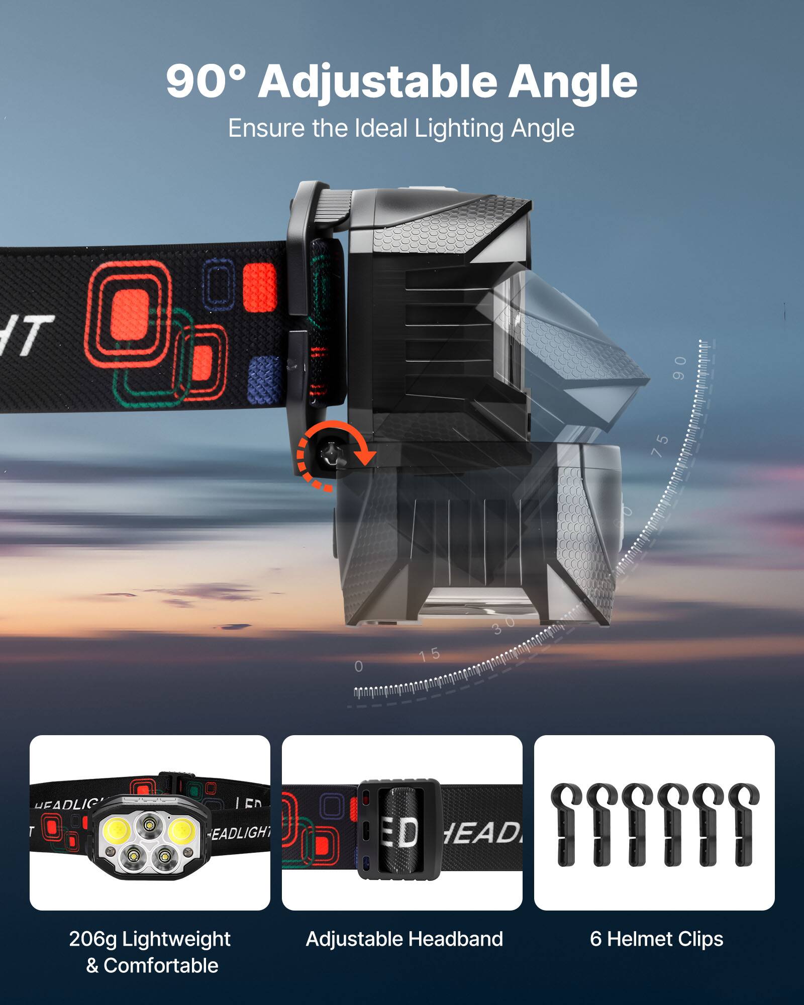 90° Adjustable Angle  
Ensure the Ideal Lighting Angle  

206g Lightweight & Comfortable  
Adjustable Headband  
6 Helmet Clips