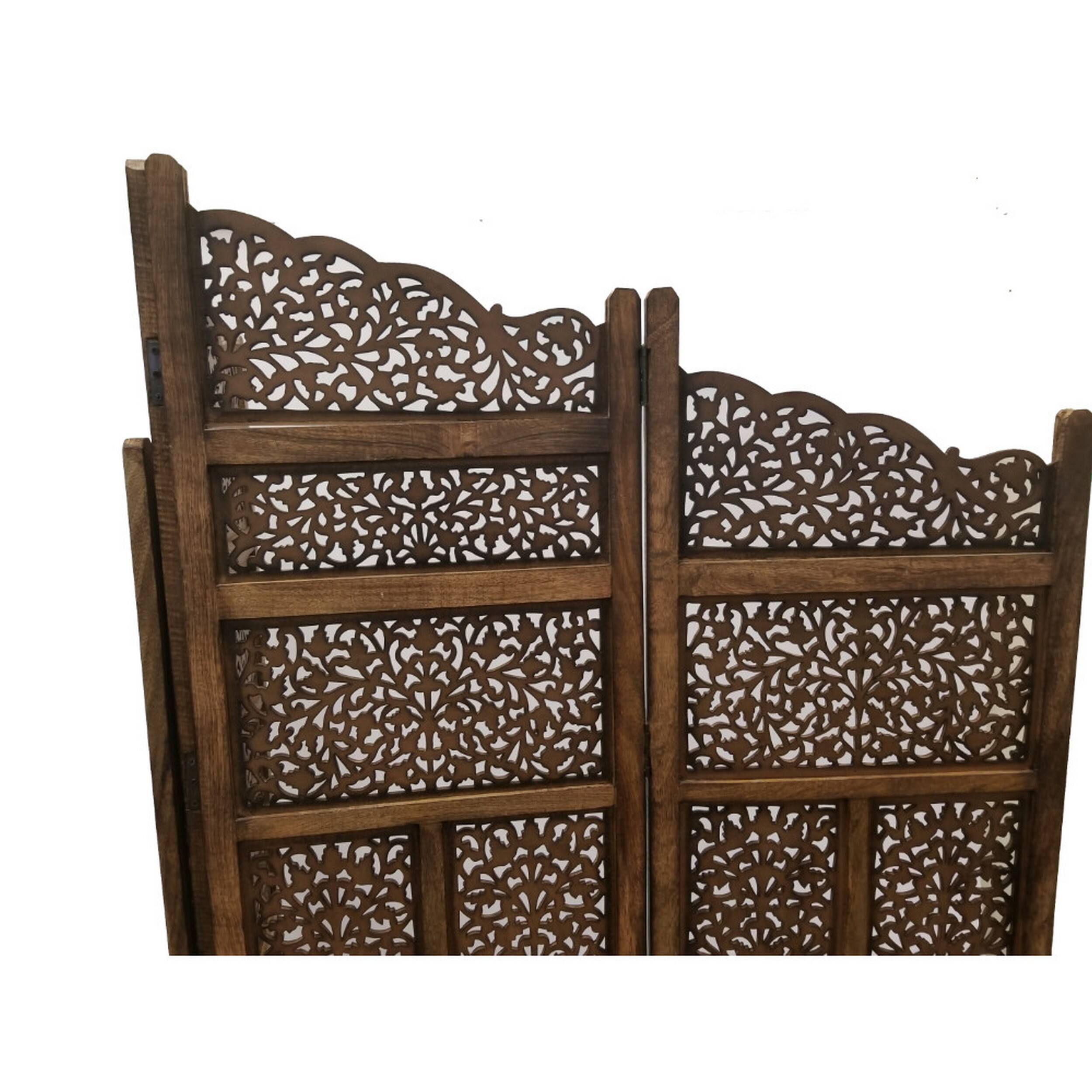 Back. Manhattan Lane - Benzara Hand Carved Foldable 4 Panel Wooden Partition Screen/RoomDivider - Brown.