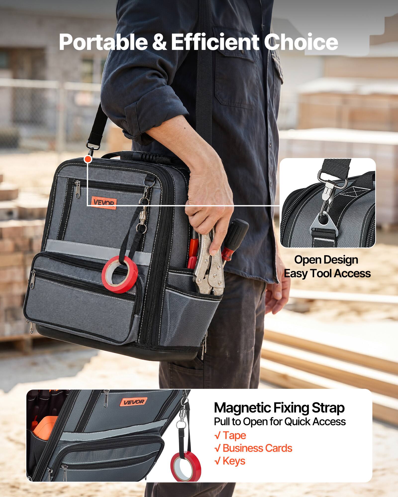 Portable & Efficient Choice

VEVOR

Open Design
Easy Tool Access

Magnetic Fixing Strap
Pull to Open for Quick Access
✓ Tape
✓ Business Cards
✓ Keys