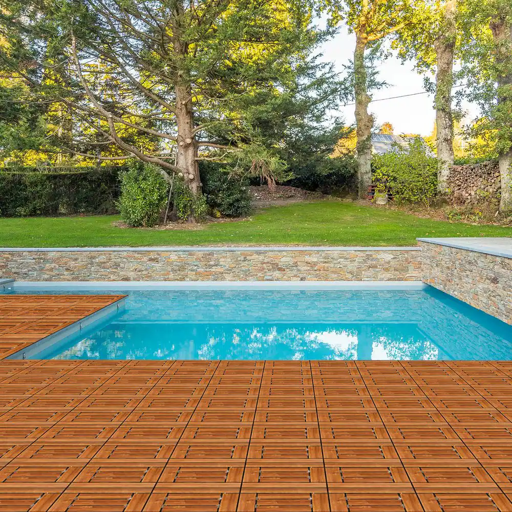 Angle. Resenkos - Resenkos Plastic Deck Tiles, 9 Pack Of Interlocking Flooring, 11.8"x11.8" Water-Resistant Tiless, Natural Wood - Natural Wood.