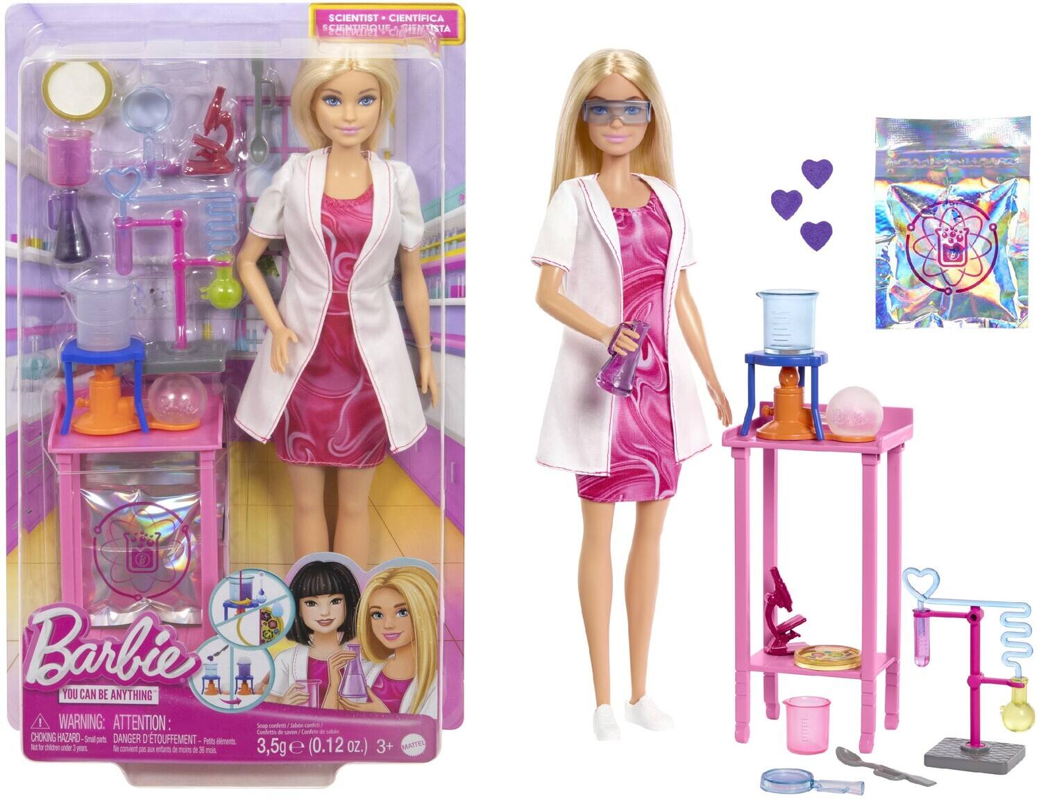 SCIENTIST • CIENTÍFICA
ENTRIGUE • CIENTÍFICA
Barbie
YOU CAN BE ANYTHING
WARNING: ATTENTION:
CHOKING HAZARD - small parts. Not for children under 3 years.
DANGER D'ÉTOUFFEMENT - petits éléments. Ne convient pas aux enfants de moins de 3 ans.
3,5g e (0.12 oz.) 3+
MATTEL