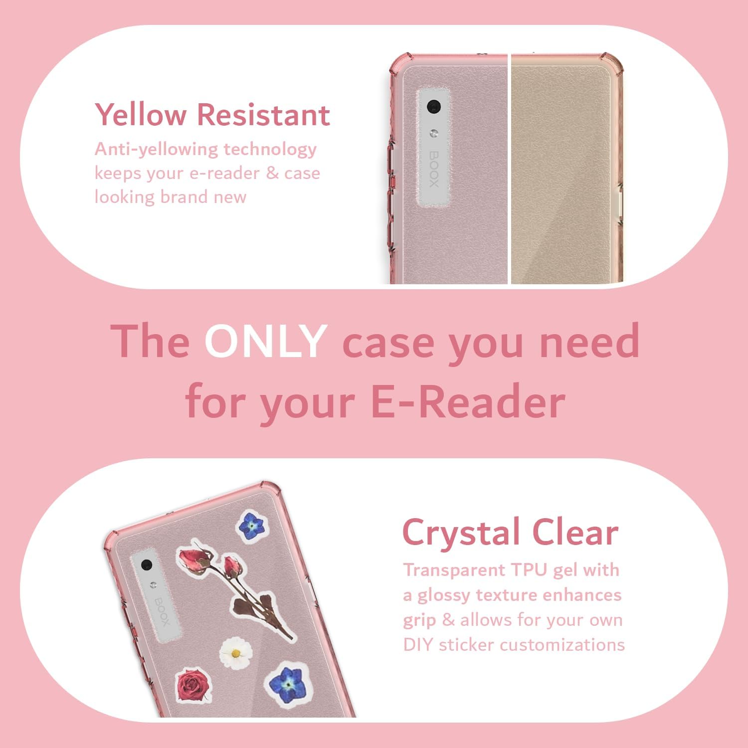 Yellow Resistant  
Anti-yellowing technology keeps your e-reader & case looking brand new  

The ONLY case you need for your E-Reader  

Crystal Clear  
Transparent TPU gel with a glossy texture enhances grip & allows for your own DIY sticker customizations