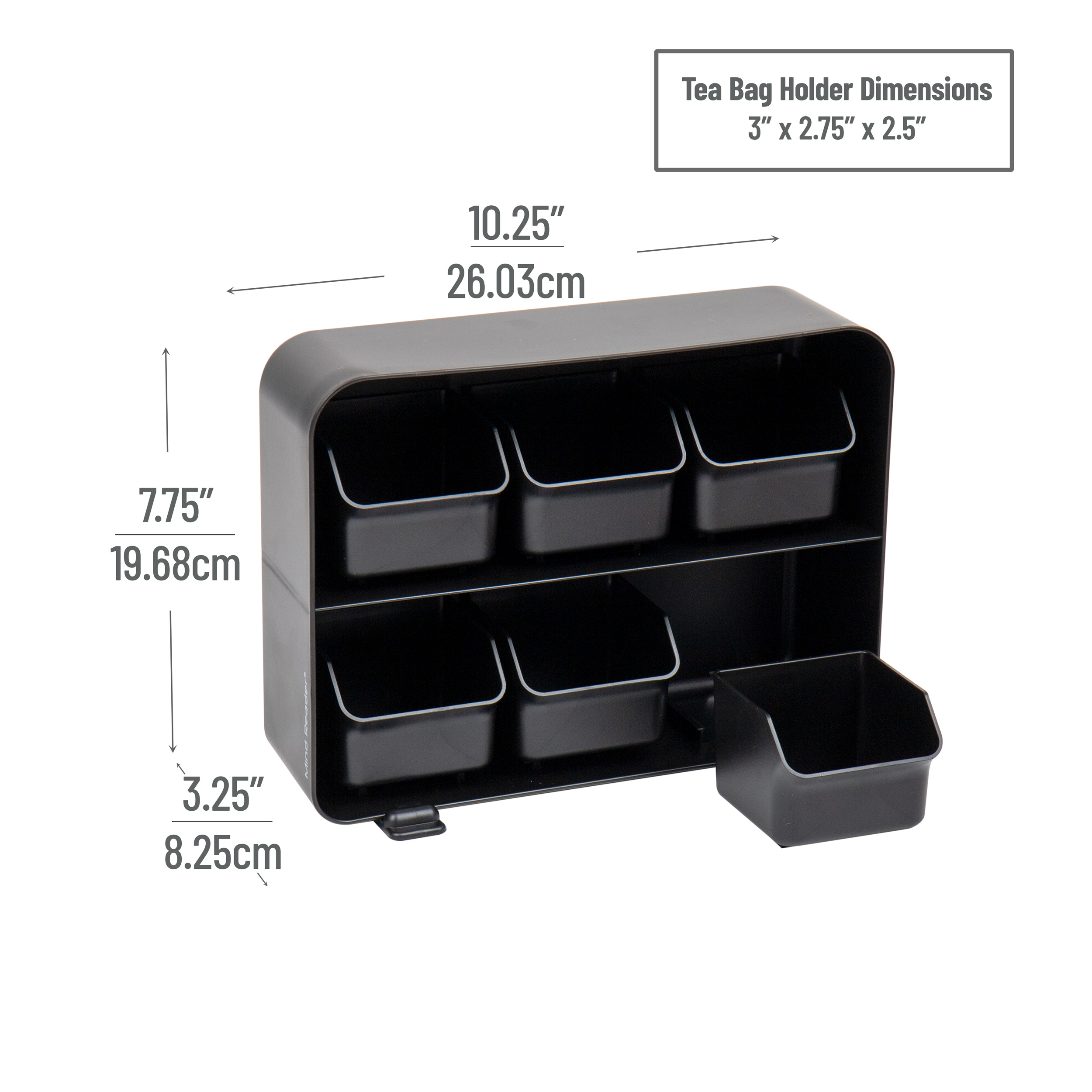 Left. Mind Reader - Tea Bag Organizer, Tea Station Organizer, Countertop Storage, Plastic, 10.25"L x 3.25"W x 7.75"H - Black.