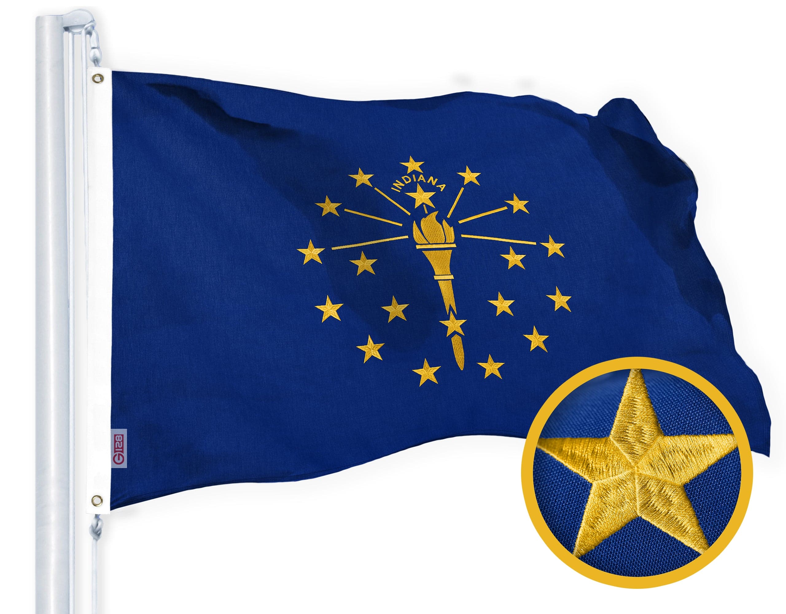 G128 - Indiana State Flag 2x3 ft Embroidered 220 GSM Spun Polyester with Brass Grommets - Assorted Colors