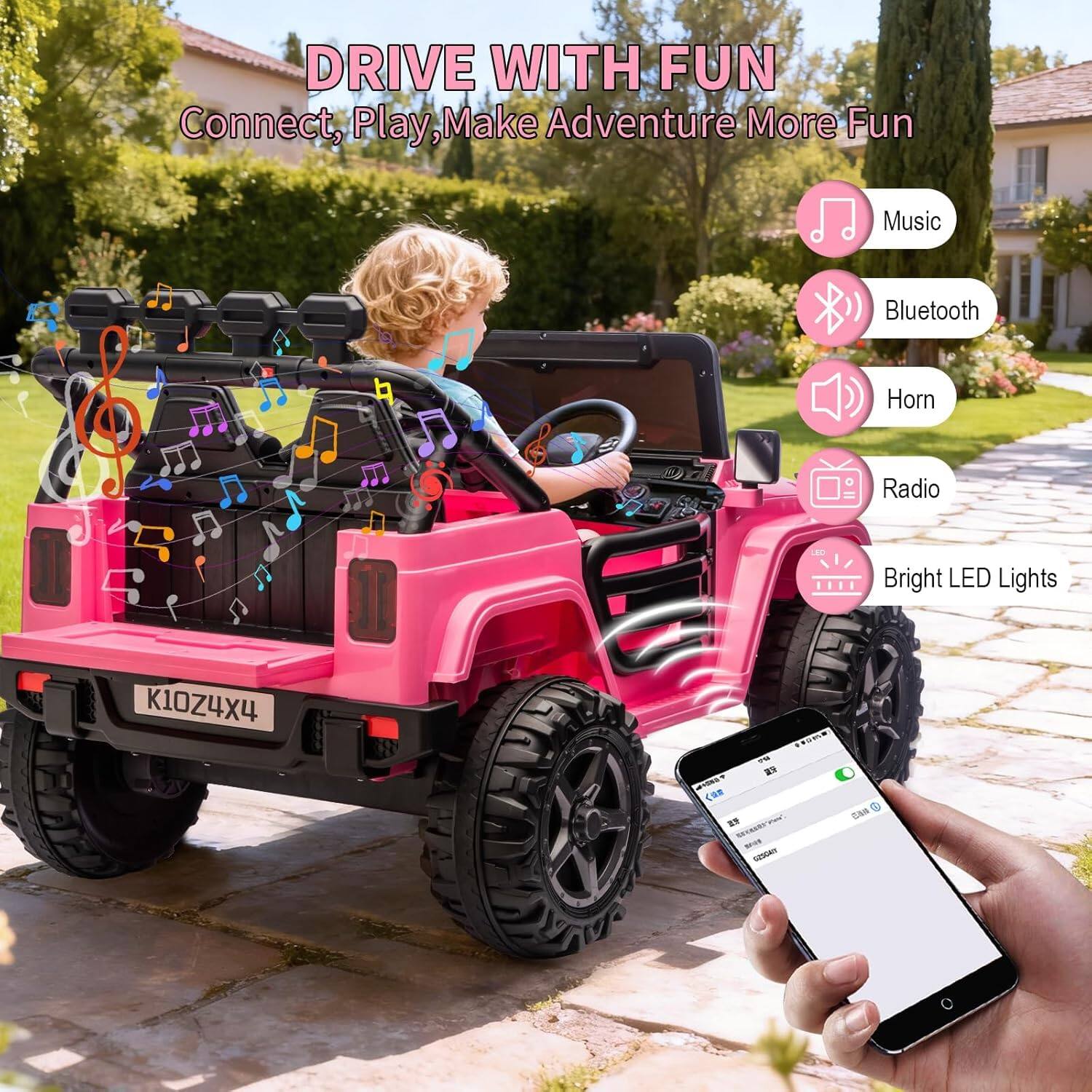 Sure, here is the corrected and grouped text from the image:

---

**DRIVE WITH FUN**

Connect, Play, Make Adventure More Fun

- Music
- Bluetooth
- Horn
- Radio
- Bright LED Lights

**K10Z4X4**

---