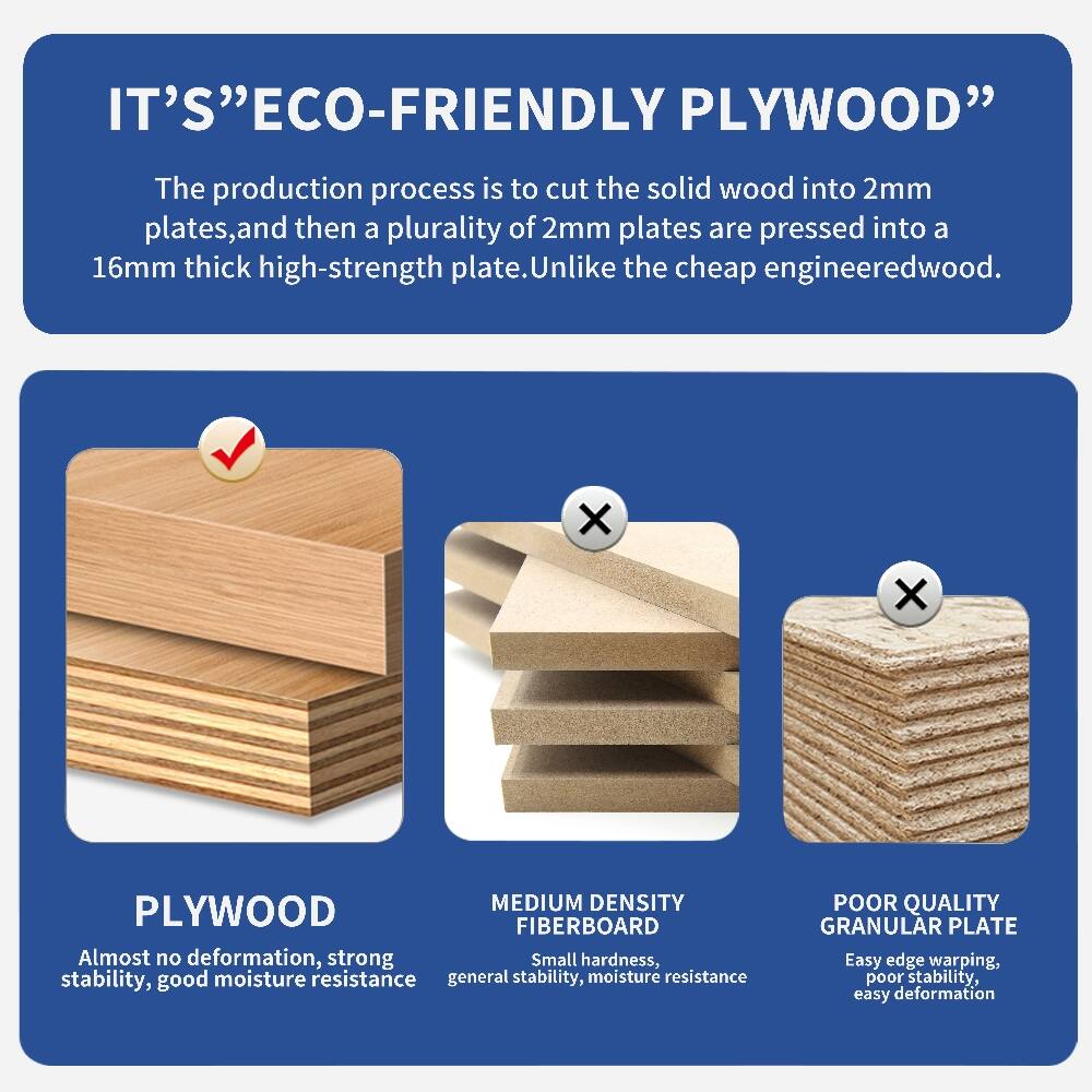 IT'S "ECO-FRIENDLY PLYWOOD"

The production process is to cut the solid wood into 2mm plates, and then a plurality of 2mm plates are pressed into a 16mm thick high-strength plate. Unlike the cheap engineered wood.

PLYWOOD
Almost no deformation, strong stability, good moisture resistance

MEDIUM DENSITY FIBERBOARD
Small hardness, general stability, moisture resistance

POOR QUALITY GRANULAR PLATE
Easy edge warping, poor stability, easy deformation