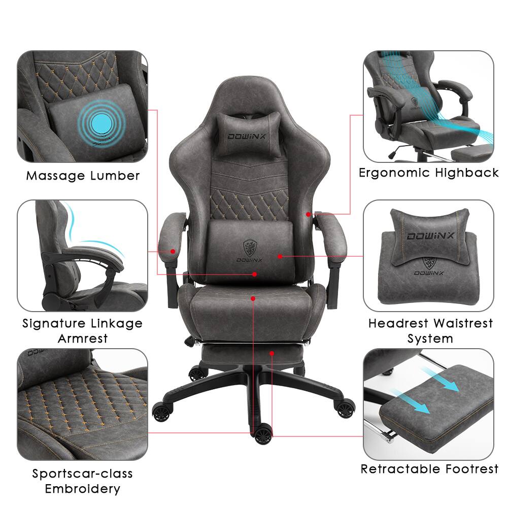 DOWINX Massage Lumber Ergonomic Highback  
DOWINX Signature Linkage Armrest  
DOWINX Headrest Waistrest System  
Sportscar-class Embroidery  
Retractable Footrest
