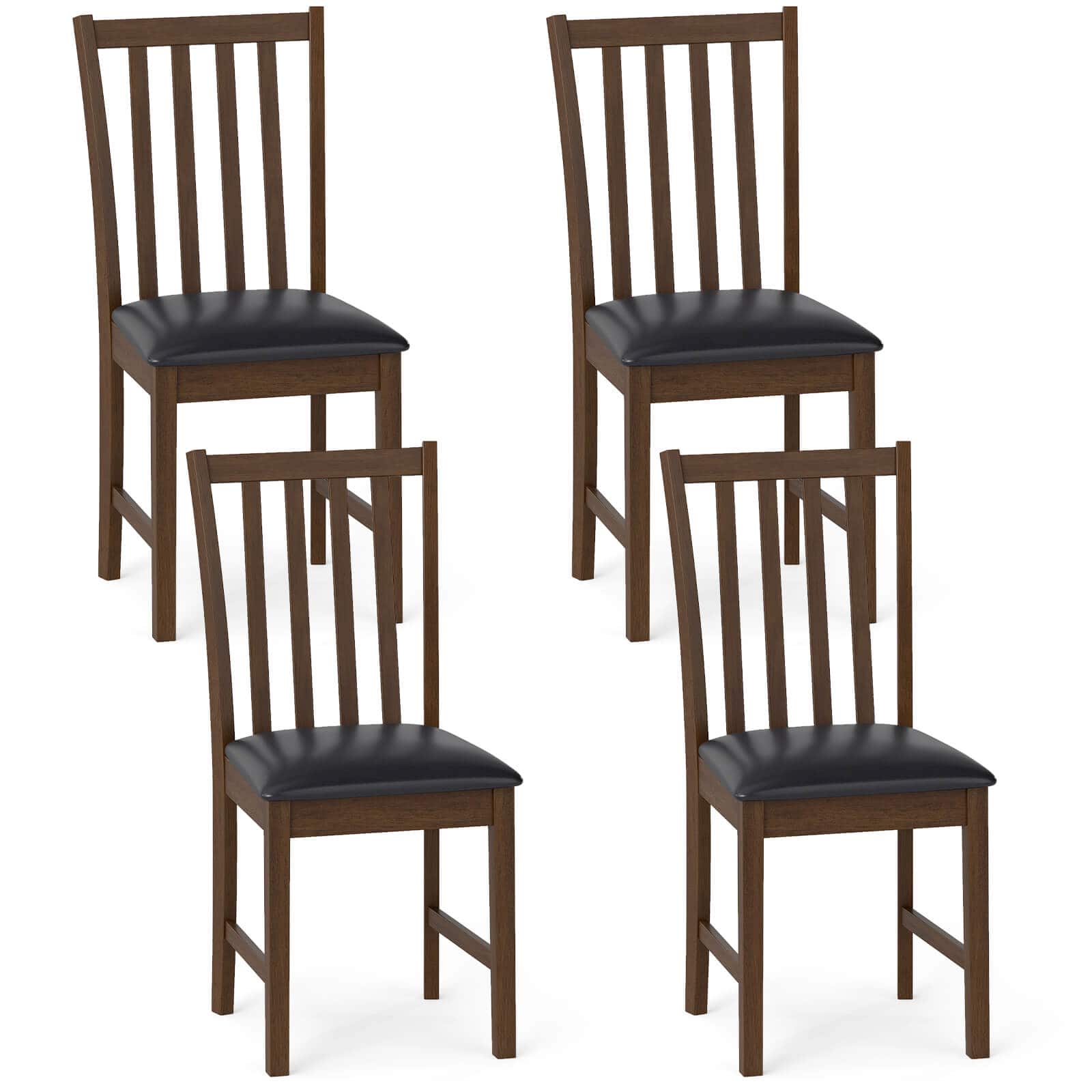 Costway - Modern Dining Chairs Set of 4 with Rubber Wood Frame, Slat Tilt Backrest - Brown+Black