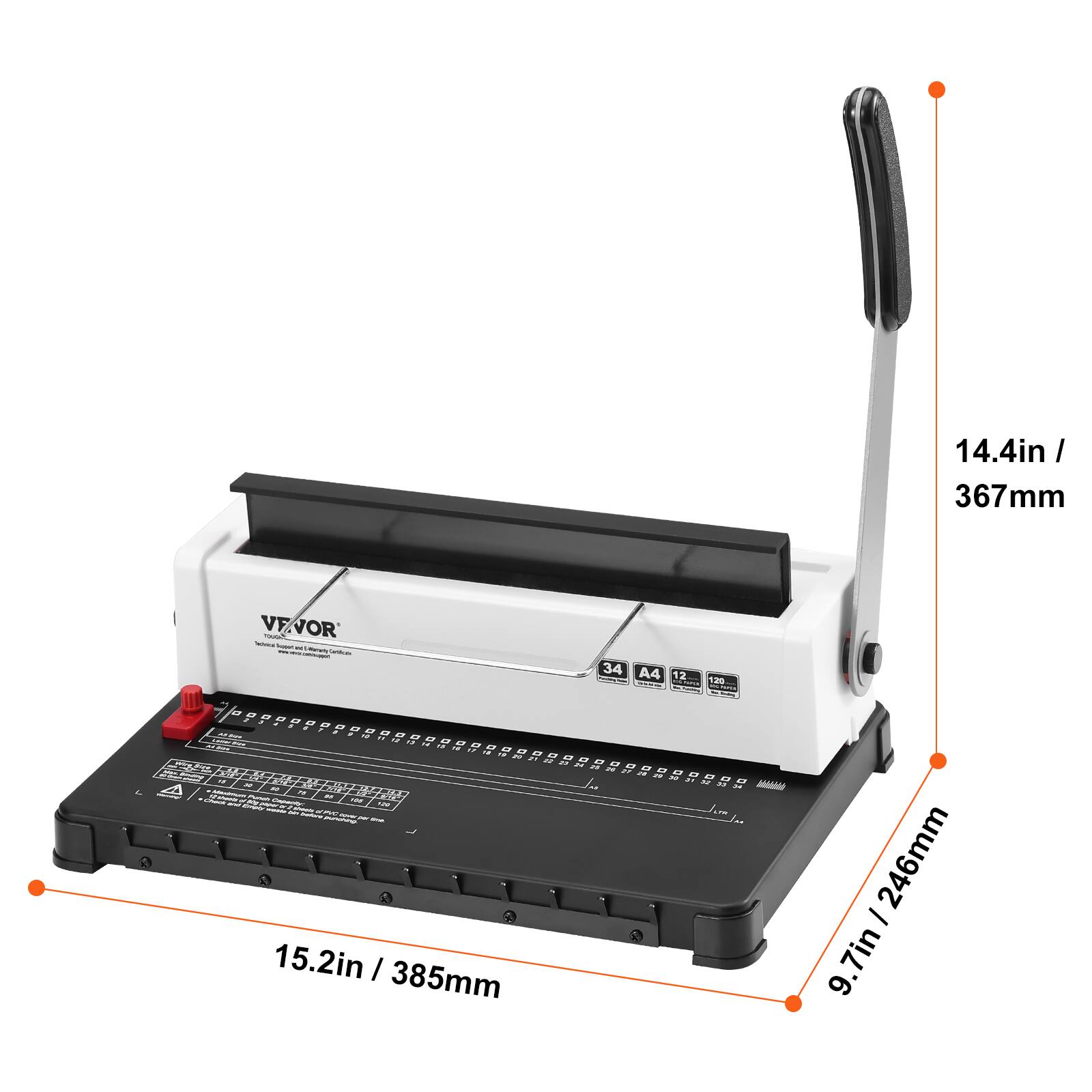 14.4in / 367mm  
15.2in / 385mm  
9.7in / 246mm  

VEVOR  
34 A4 12 120