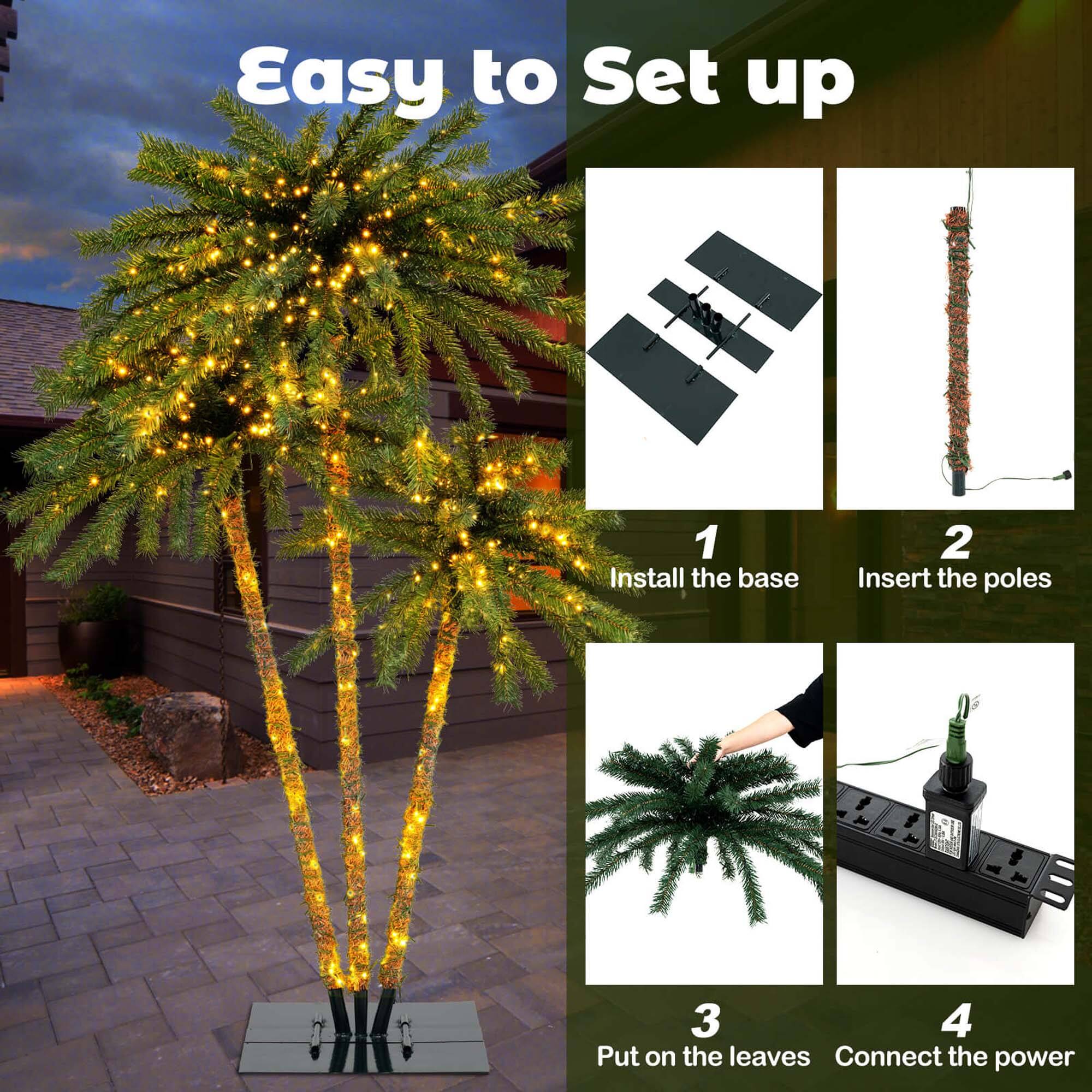 Easy to Set up

1. Install the base
2. Insert the poles
3. Put on the leaves
4. Connect the power