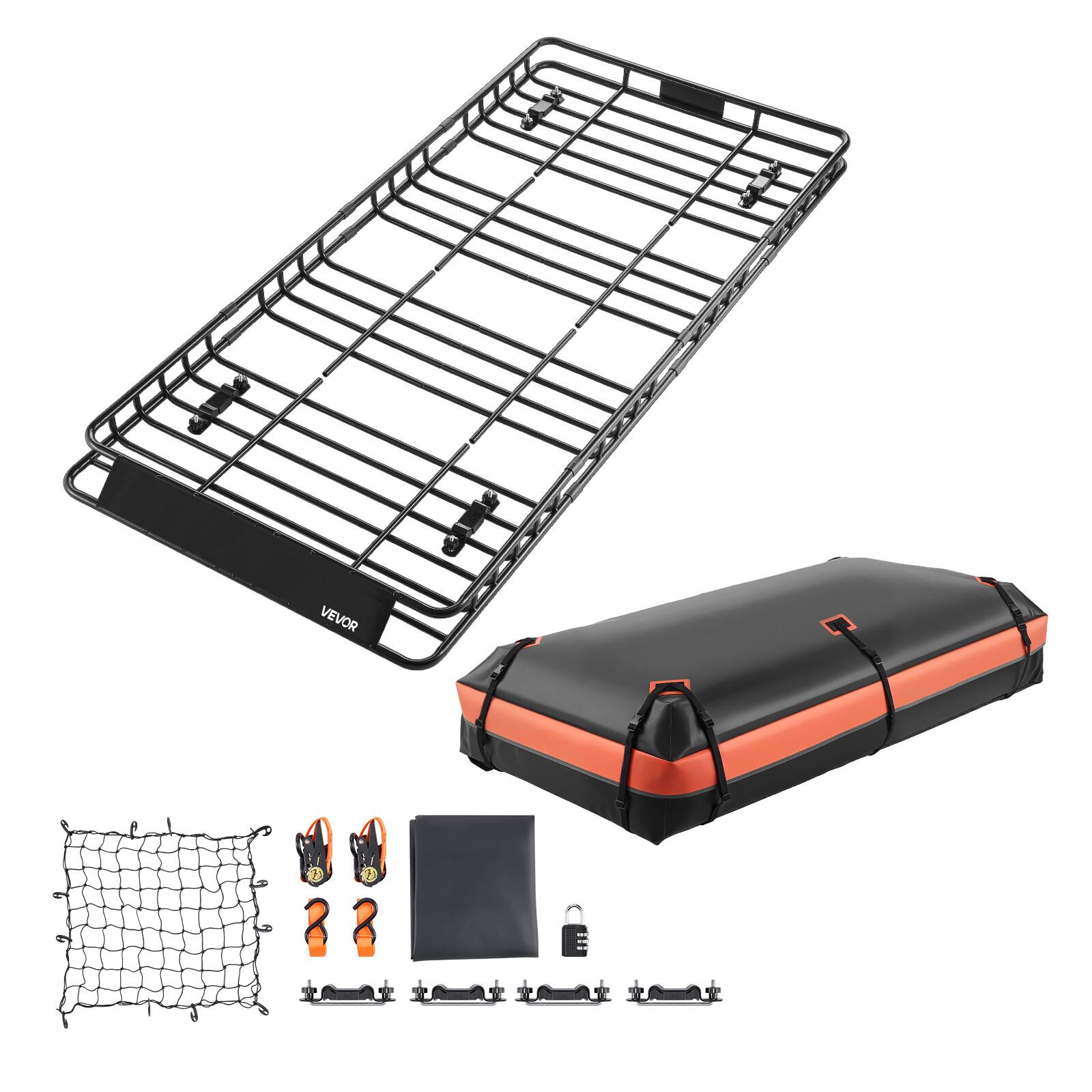 Alt View 5. VEVOR - Roof Rack Basket,84 x 39 x 4.1 in,Universal Rooftop Cargo Carrier with 7.9 x 3.9 x 10.2 in Cargo Bag,Net, Ratchet Straps - Black.