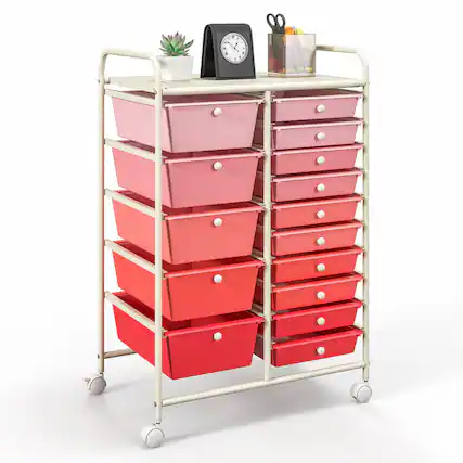 Front. WELLFOR - 15 Drawer Rolling Storage Cart, Drawer Organizer with Wheels, Scrapbook Paper Office School Organizer - Gradient Pink.
