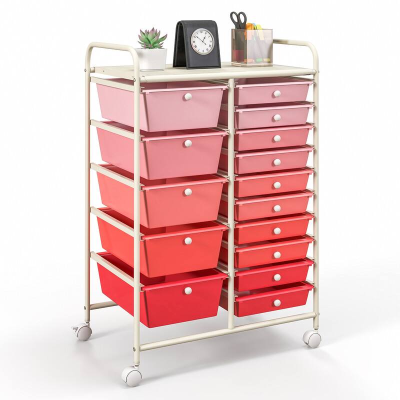 Front. WELLFOR - 15 Drawer Rolling Storage Cart, Drawer Organizer with Wheels, Scrapbook Paper Office School Organizer - Gradient Pink.
