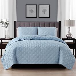 Hivvago - Full/Queen 3-Piece Polyester Microfiber Reversible Diamond Quilt Set - Light Blue