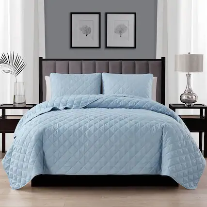 Front. Hivvago - Full/Queen 3-Piece Light Blue Polyester Microfiber Reversible Diamond Quilt Set - Light Blue.