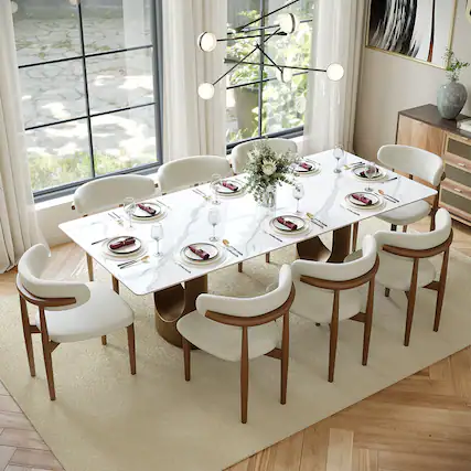 Front. POVISON - 93.7"Modern Luxury Dining Table for 8, Glossy White Sintered Stone Table, Rectangular Dining Room Table, Double Pedestal - White.