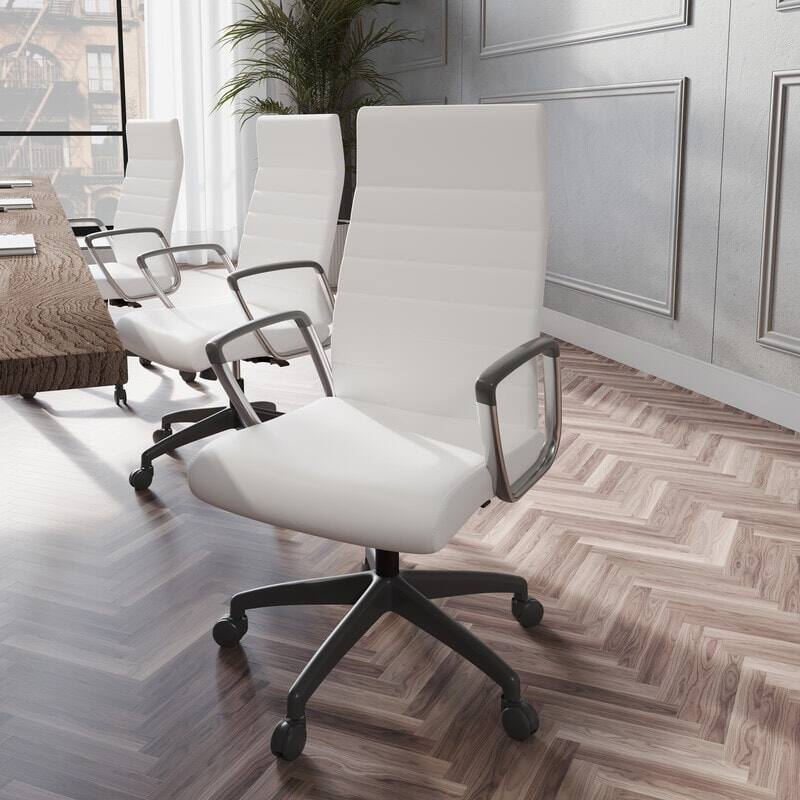 Angle. LeisureMod - Hilton High-Back Adjustable Office Desk Chair Upholstered in Leather with Steel Frame, Swivel, and Ergonomic Support - White.