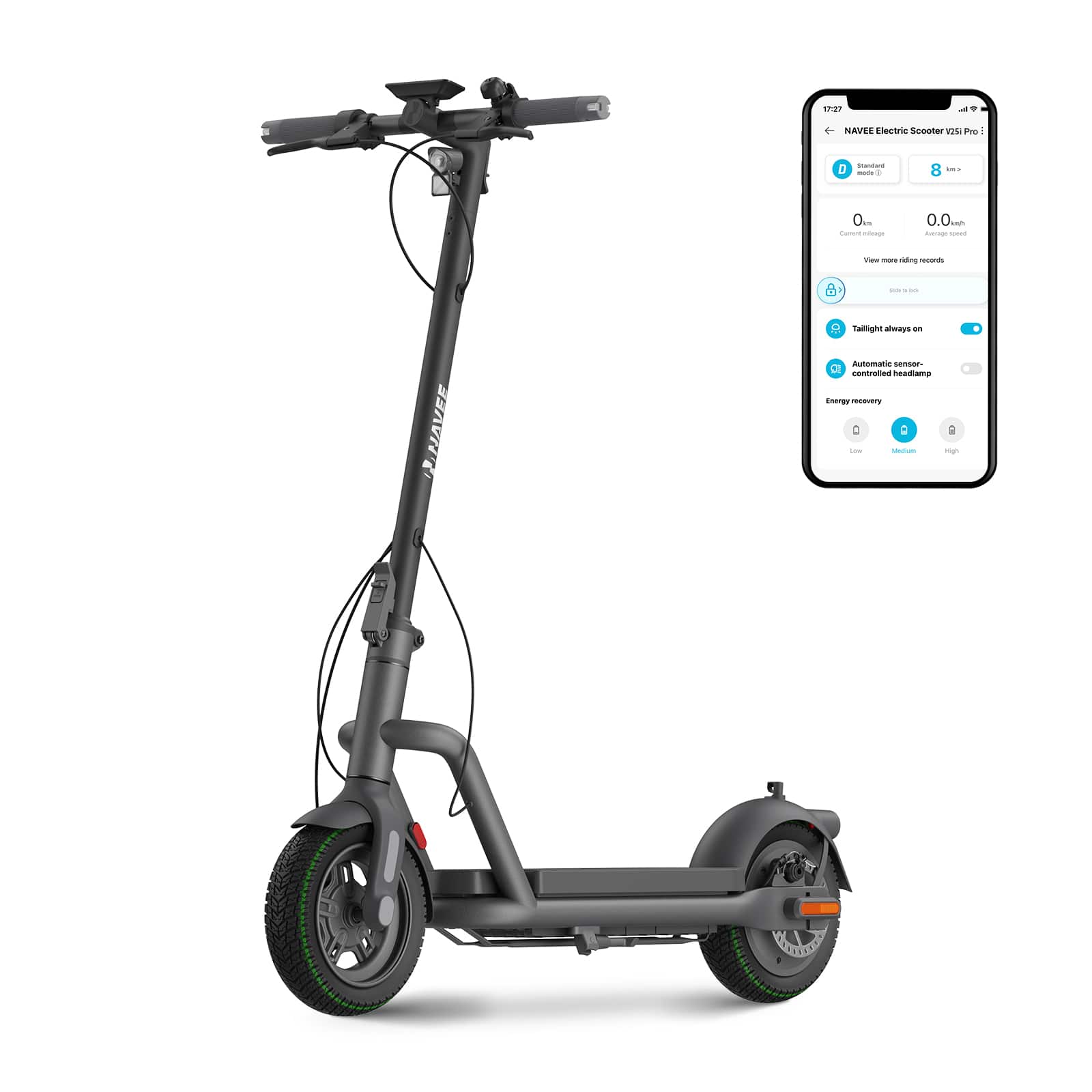 h2 NAVER Electric Scooter V21 Pro

- Battery: 8
- Distance: 0.0 km
- Speed: 0.0 km/h

- Tailight always on
- Automatic sensor-controlled headlight
- Energy recovery

- Low
- Medium
- High