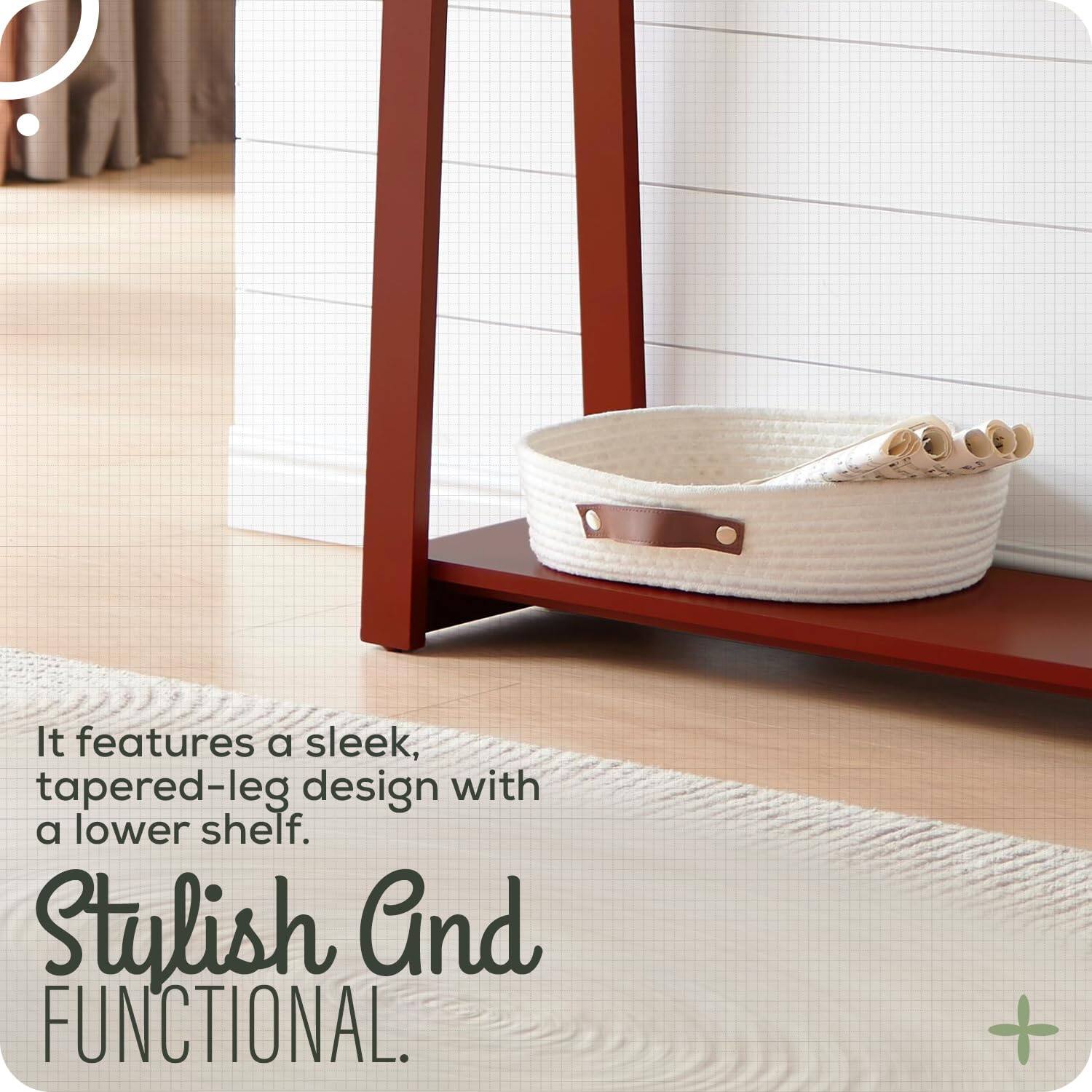It features a sleek, tapered-leg design with a lower shelf.

Stylish And FUNCTIONAL.