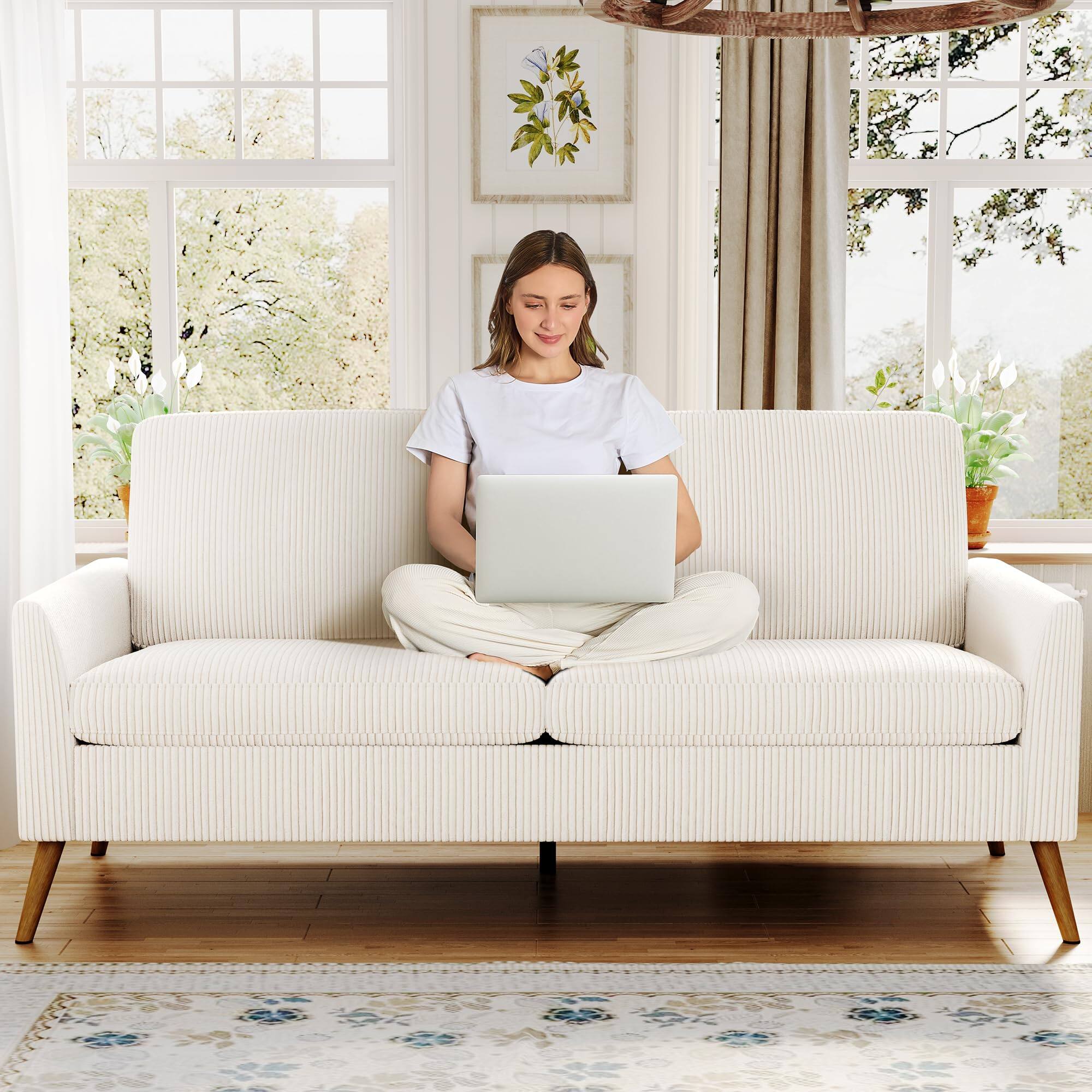 Alt View 5. Dyonery - 68" Loveseat Sofa, Comfy  Linen Couches for Living Room, Mid Century Modern Love Seat Sofa - White.