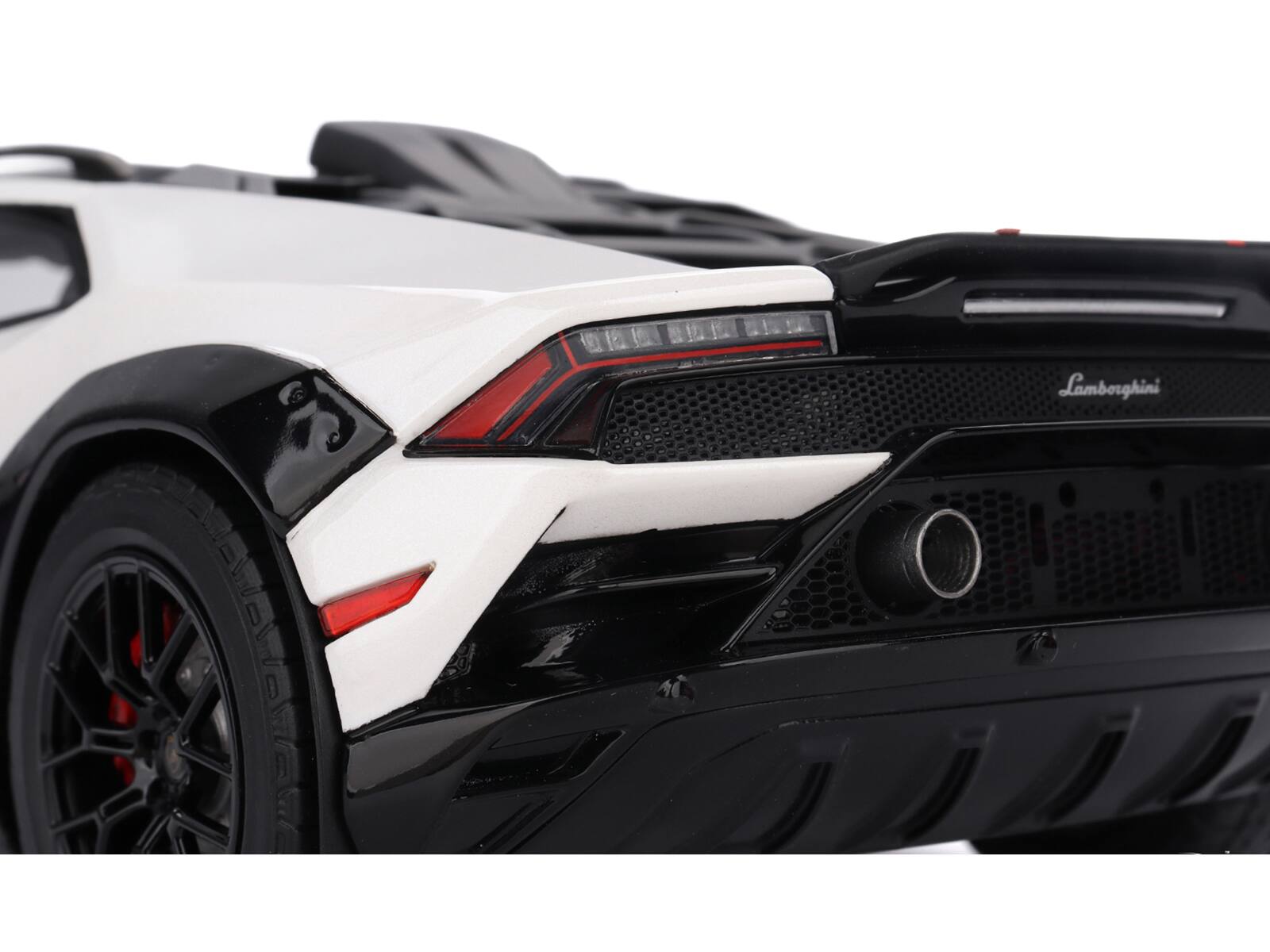 Back. Top Speed - Lamborghini Huracan Sterrato Bianco Asopo White with Matt Black Top and Red Stripes 1/18 Model Car by Top Speed - White and Matt Black.