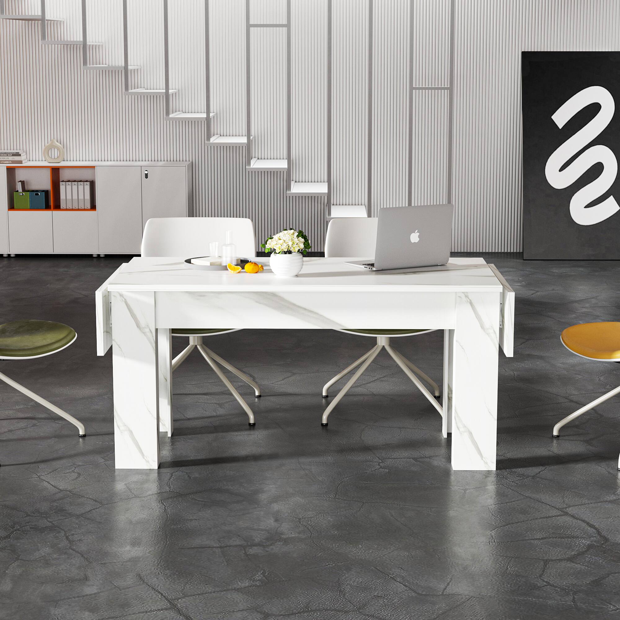 Alt View 6. FUFU&GAGA - Extendable Multifunctional Table with Press-to-Expand Design, Convertible Dining and Work Desk with Faux Stone Top - Marble White.