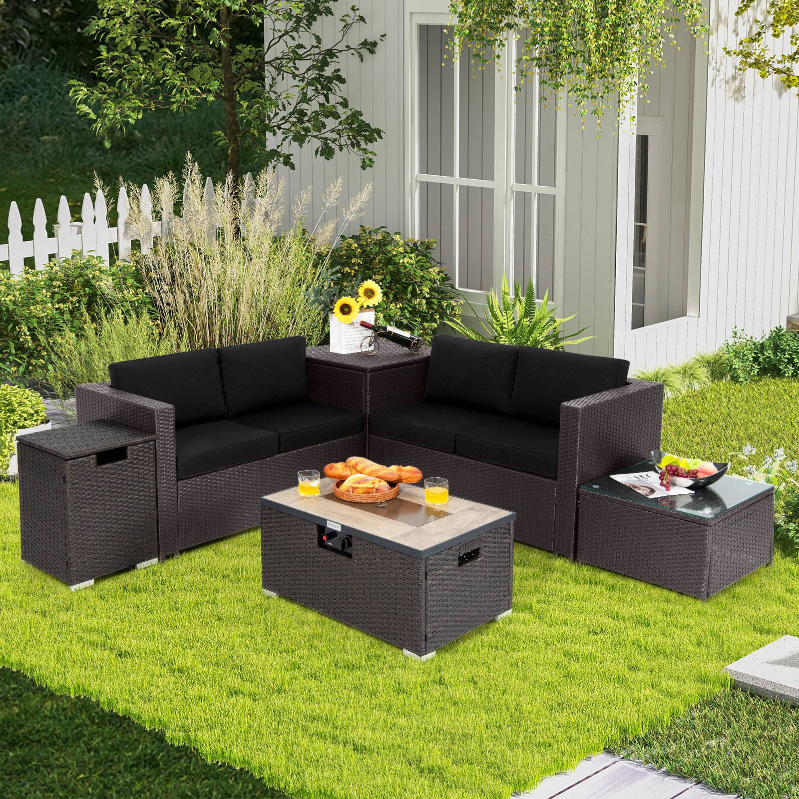 Alt View 3. Gymax - Gymax 6PCS Outdoor Wicker Furniture Set w/32'' Propane Fire Pit Table & Tank Holder - Brown.