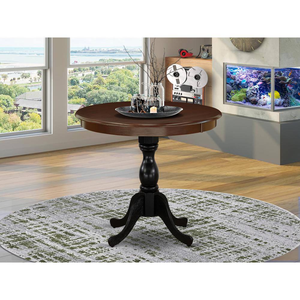 Left. East West Furniture - East West Furniture Antique 36" Round Dining Table for Compact Space - Mahogany Top & Black Pedestal - Multi-Color.