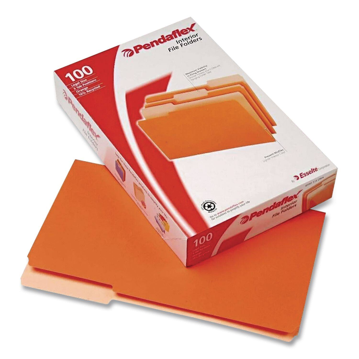 Pendaflex Interior Folders  
100  
Letter Size  
3 Tab  
Orange  
10% Recycled  
Esselte  
Pendaflex