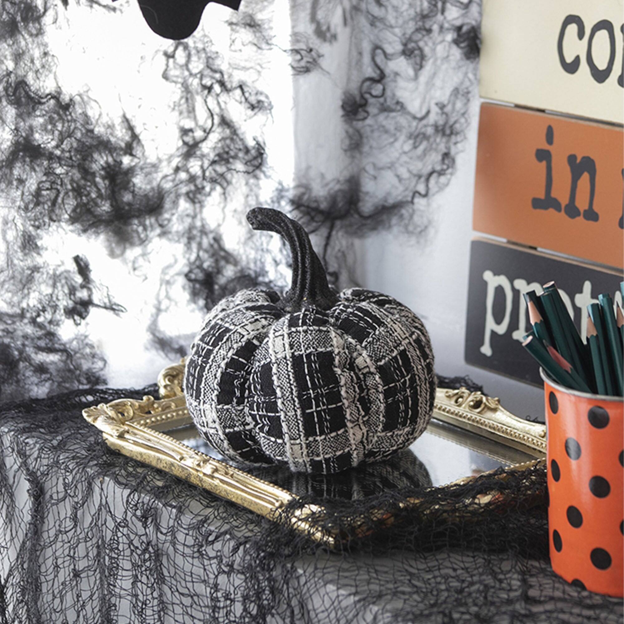 Alt View 7. Boyel Living - 7 Inch Black and White Plaid Fabric Pumpkin for Halloween Decor - Black,White.