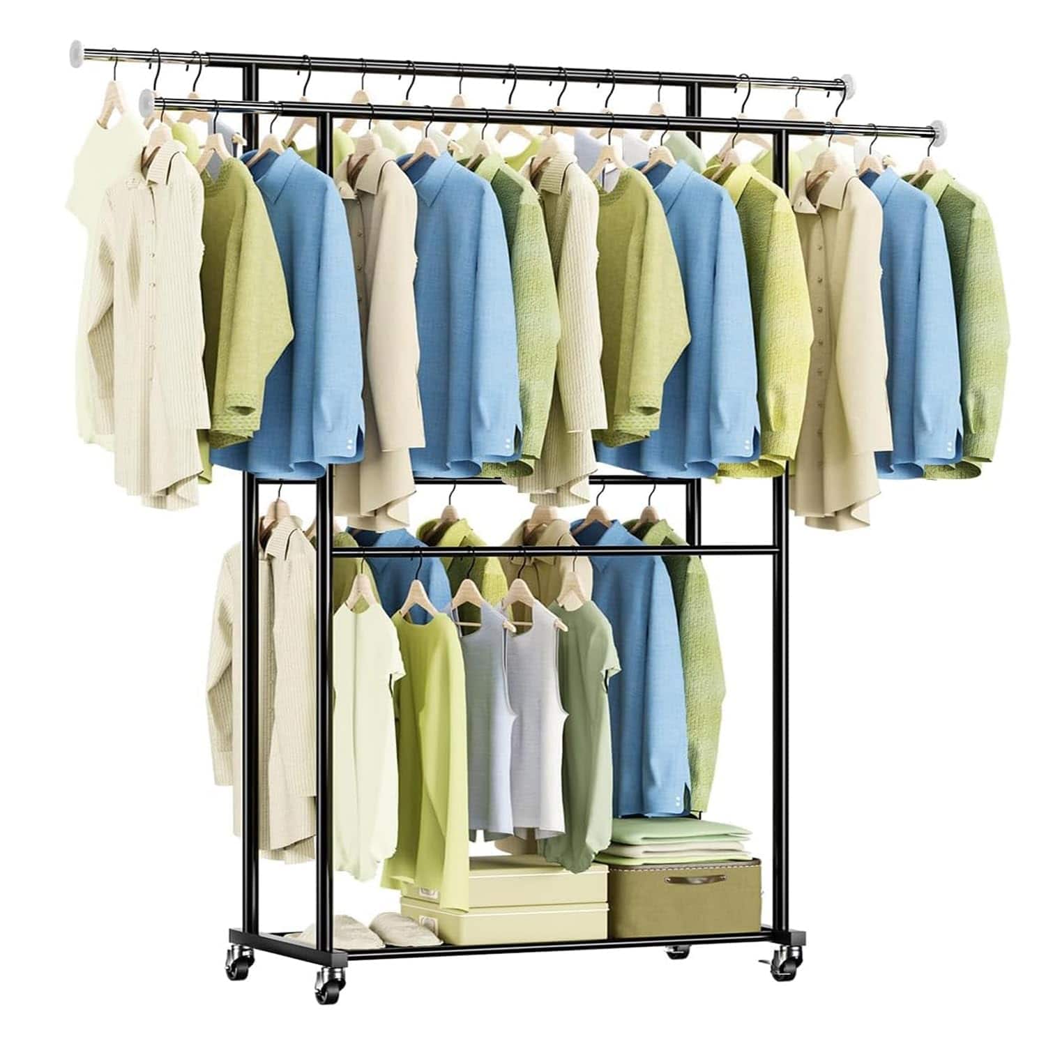 Hirose Alice - Double Clothes Rack for Hanging Clothes 35 to Expandable Rod Rolling Garment Clothing Rack with Mesh Shelf - Black Double Rod