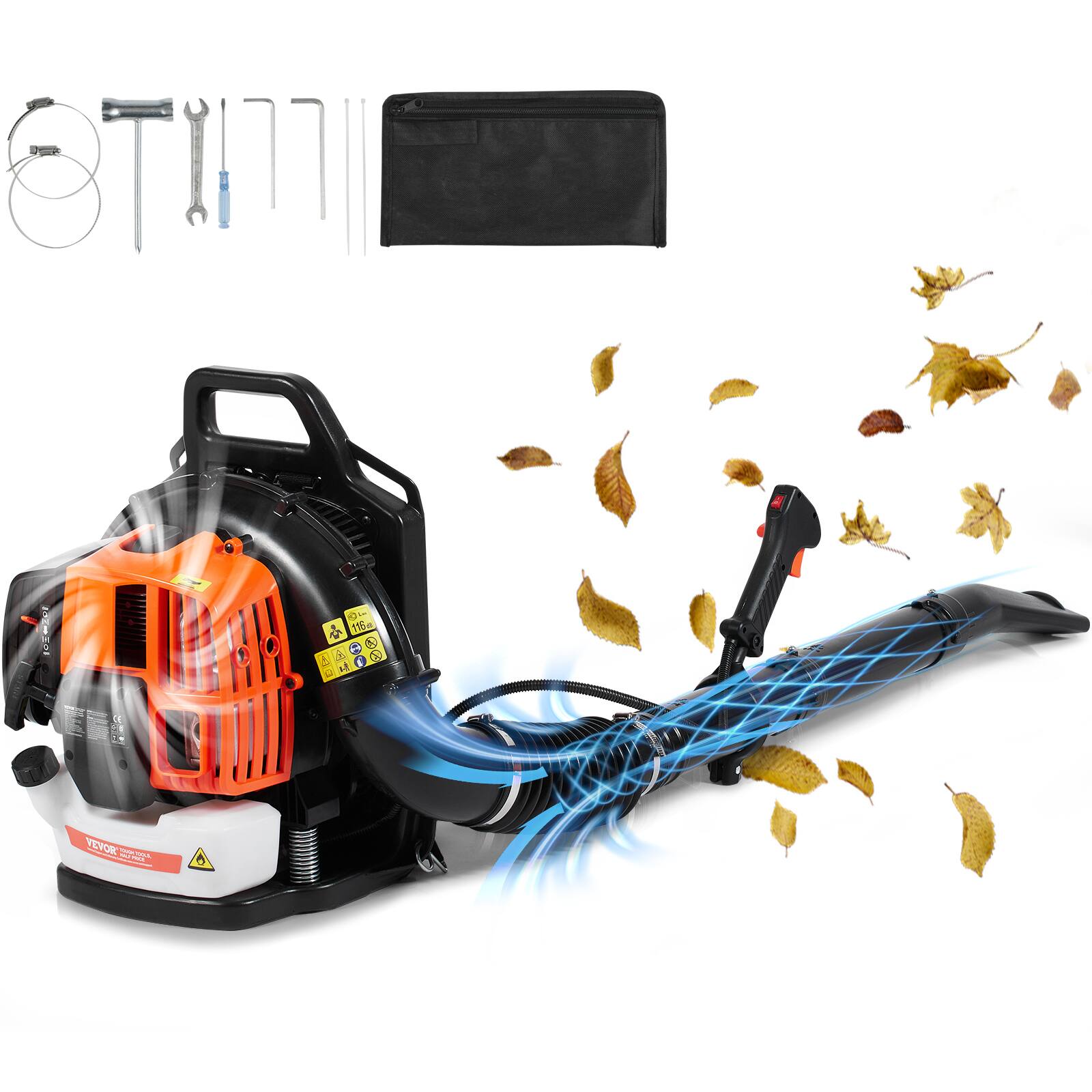 VEVOR - Backpack Leaf Blower, 63CC 2-Cycle Gas Leaf Blower with 1.89L Fuel Tank, 1110CFM Air Volume 220MPH Speed - Black + Orange
