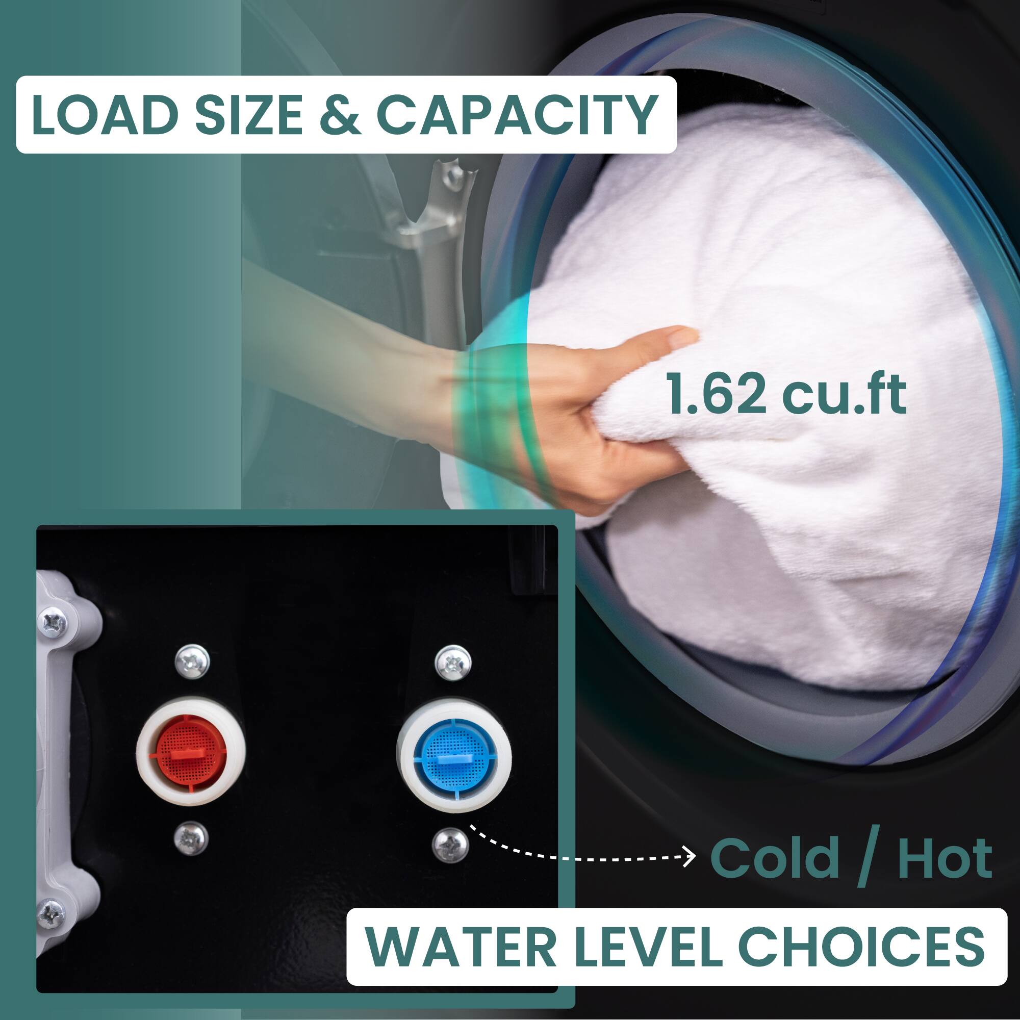 LOAD SIZE & CAPACITY  
1.62 cu.ft  

WATER LEVEL CHOICES  
Cold / Hot